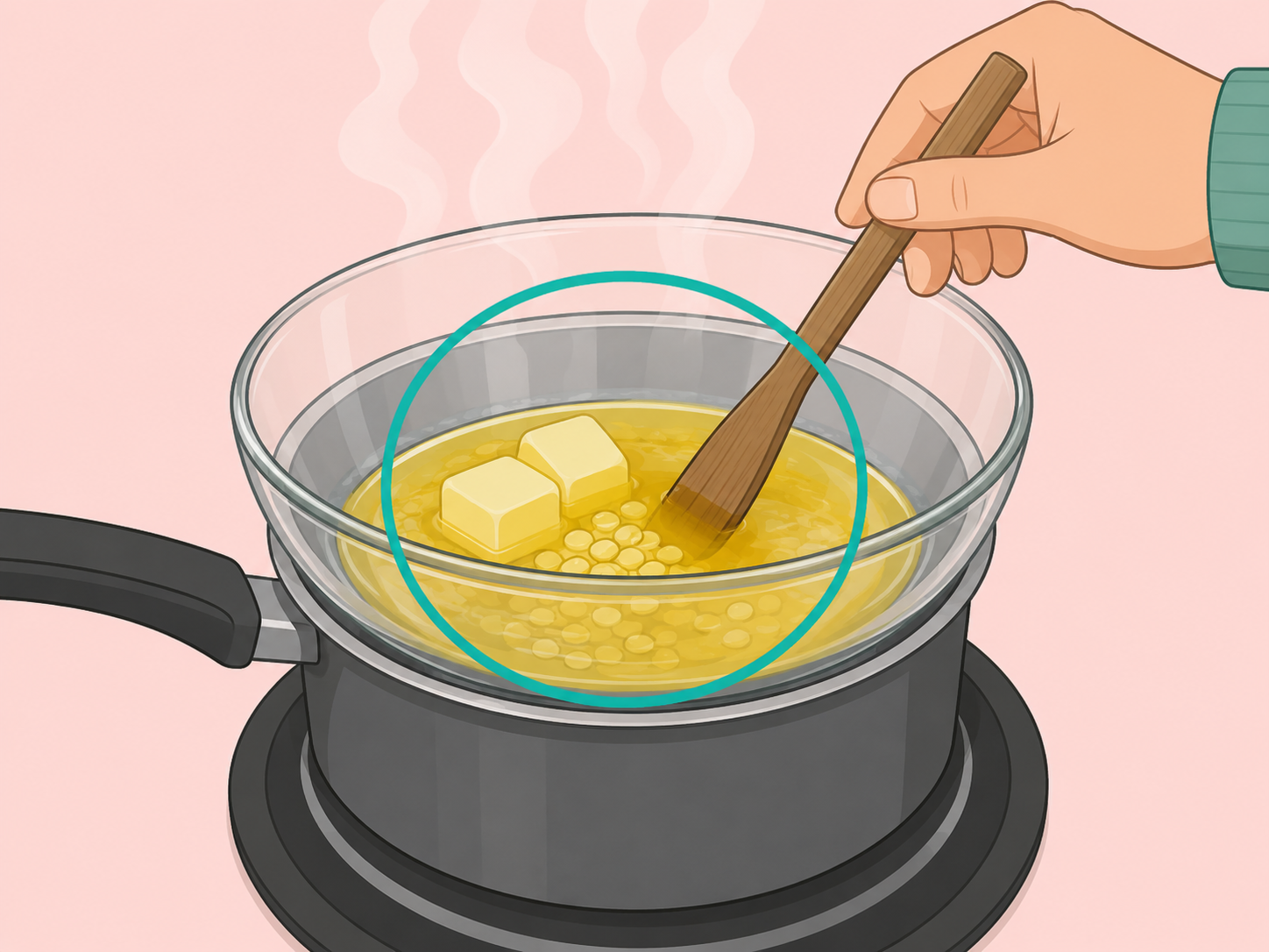 Butter and beeswax melting gently in a bowl over warm water.