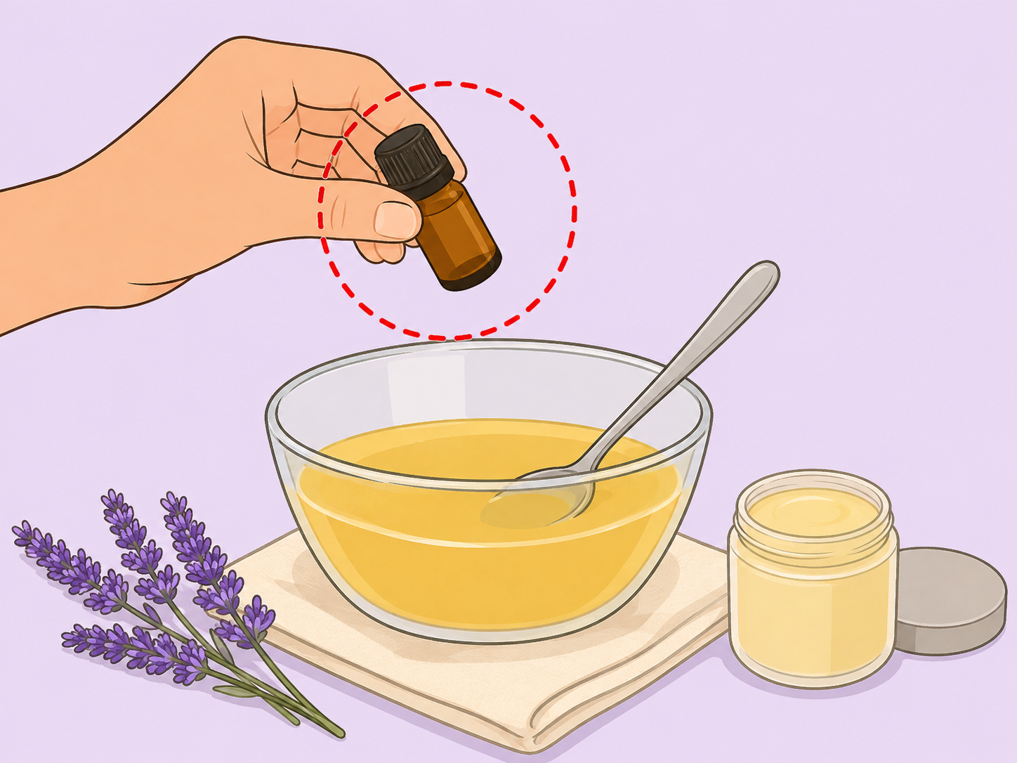 Lavender essential oil being added cautiously to a balm mixture.