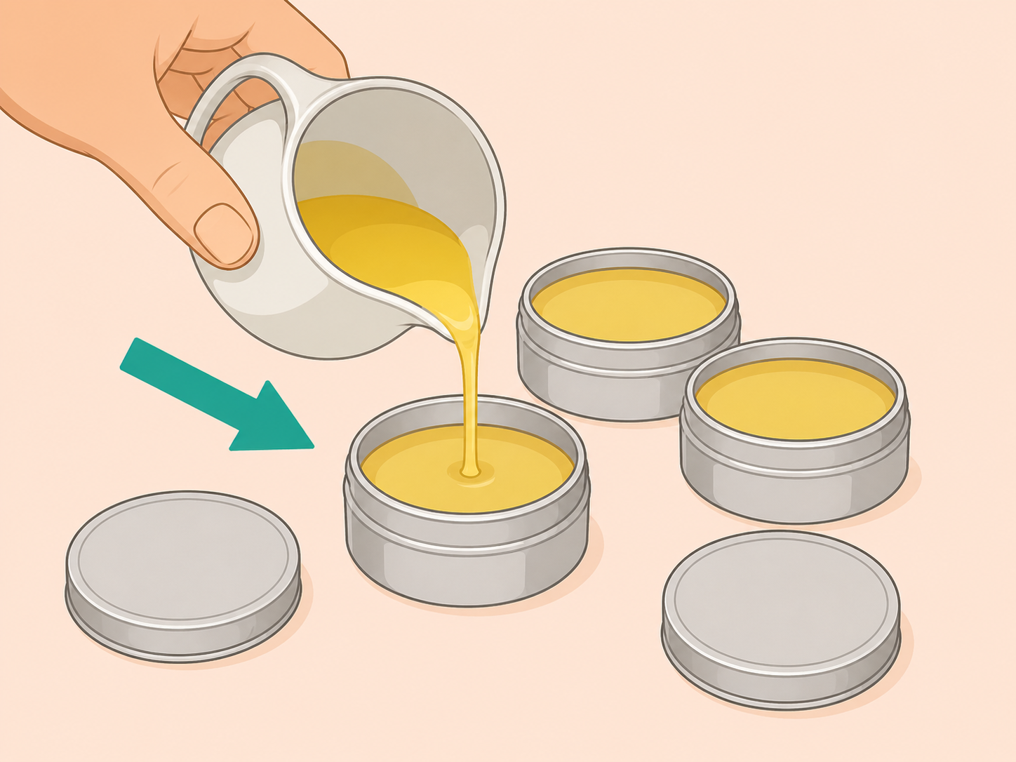 Warm homemade balm poured into small clean containers.