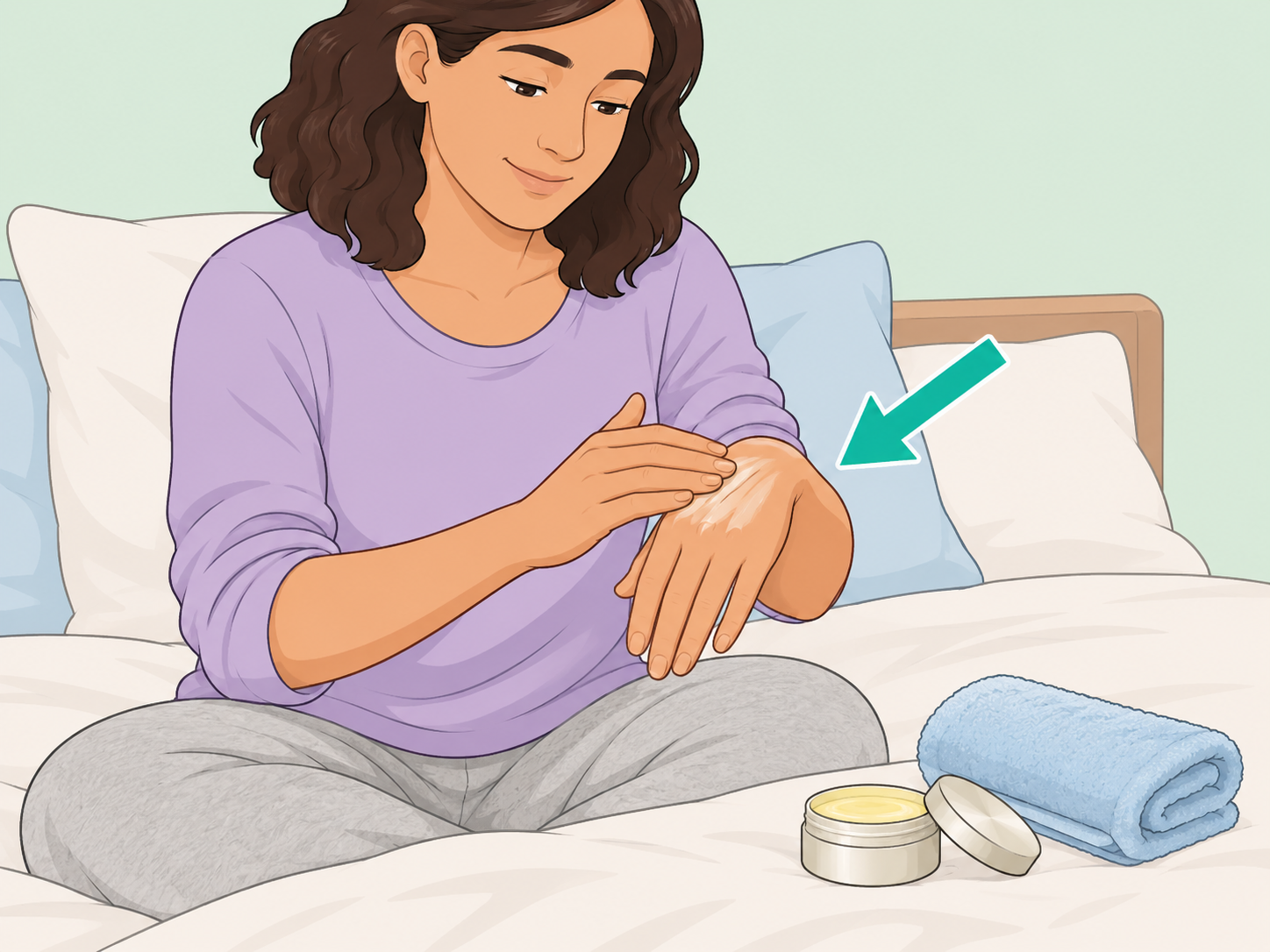 Parent applying a thin layer of balm to hands at bedtime.
