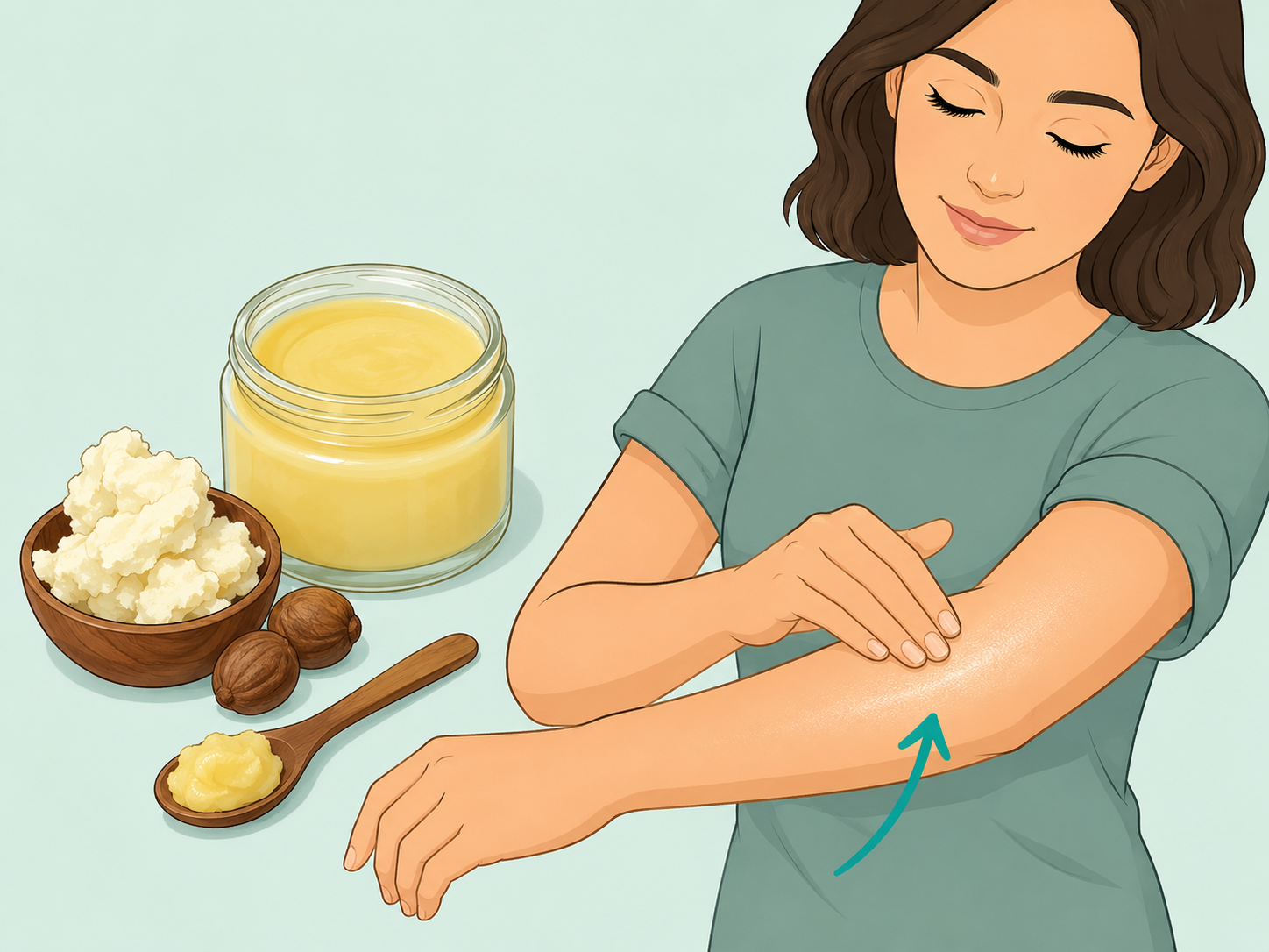 Illustration of a person applying homemade balm to an arm beside simple skincare ingredients.