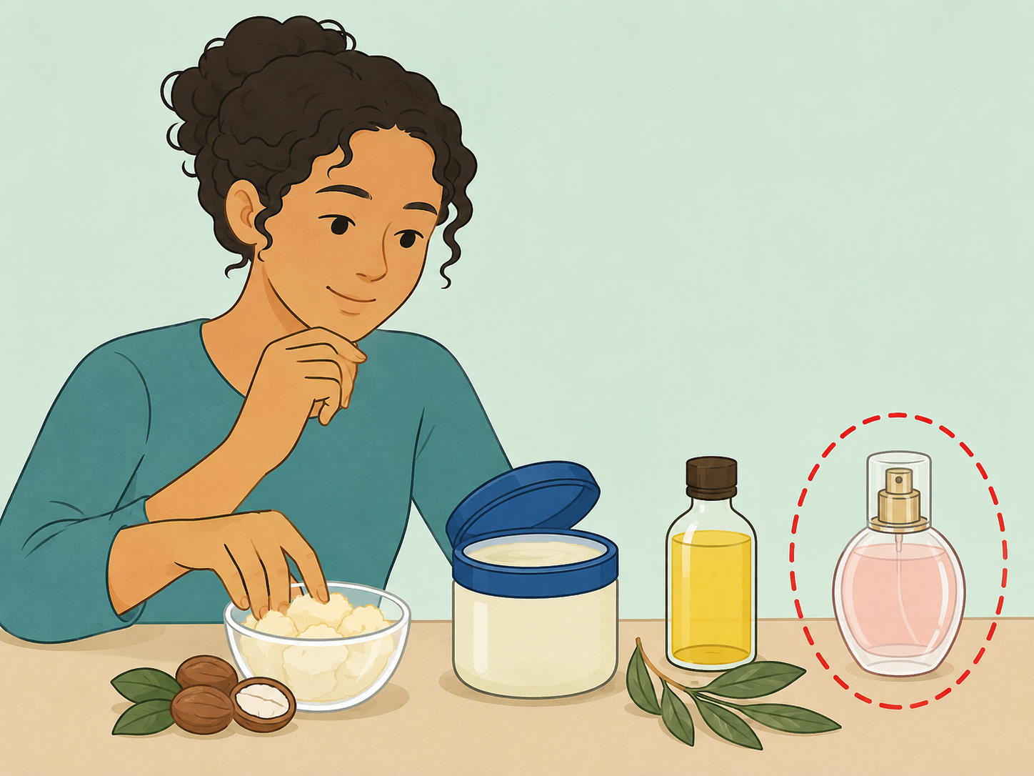Person choosing fragrance-free balm ingredients and avoiding scented products.