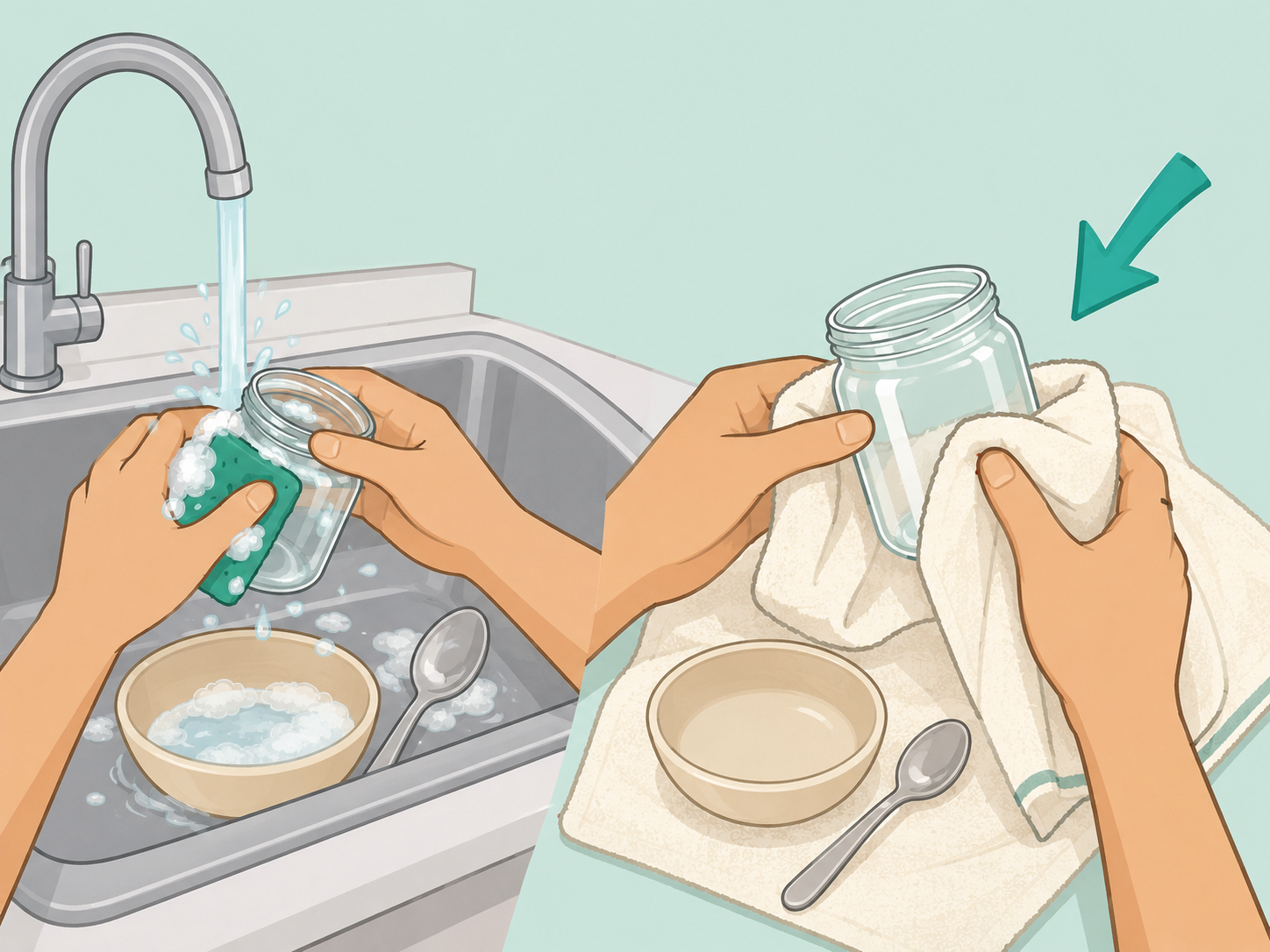 Hands cleaning and drying a jar, spoon, and bowl before making balm.