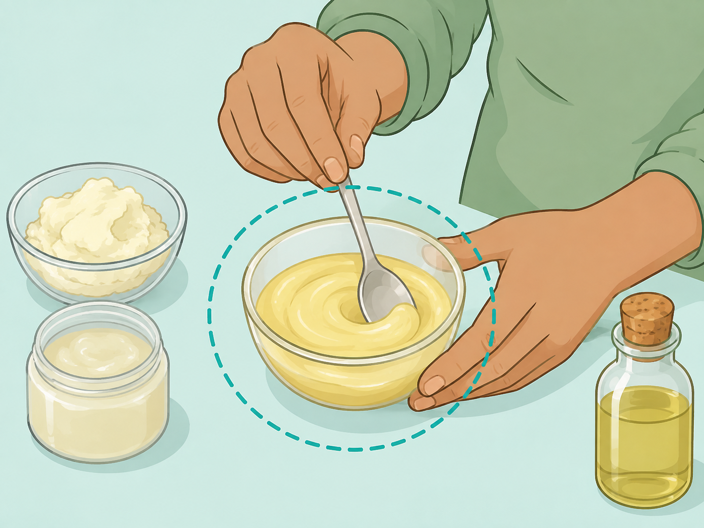 Person mixing a small water-free homemade balm in a bowl.