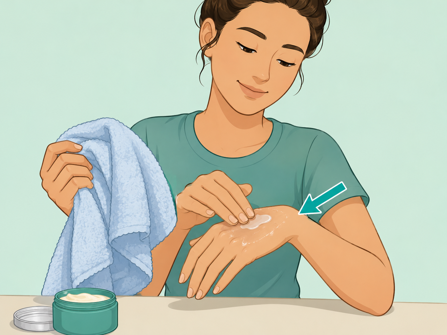 Person applying balm to slightly damp hands after washing.
