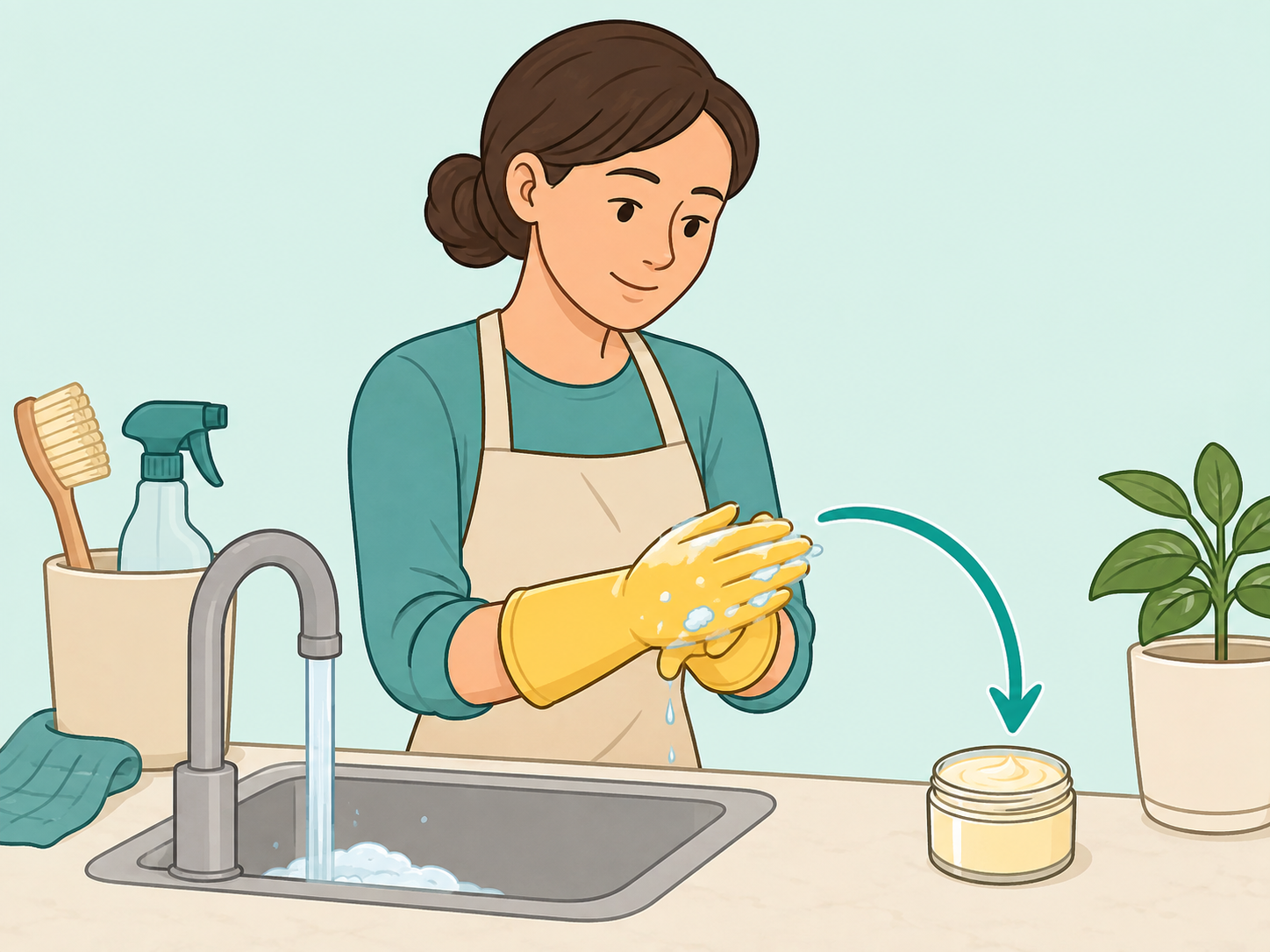 Person protecting hands with gloves and moisturizing after washing.