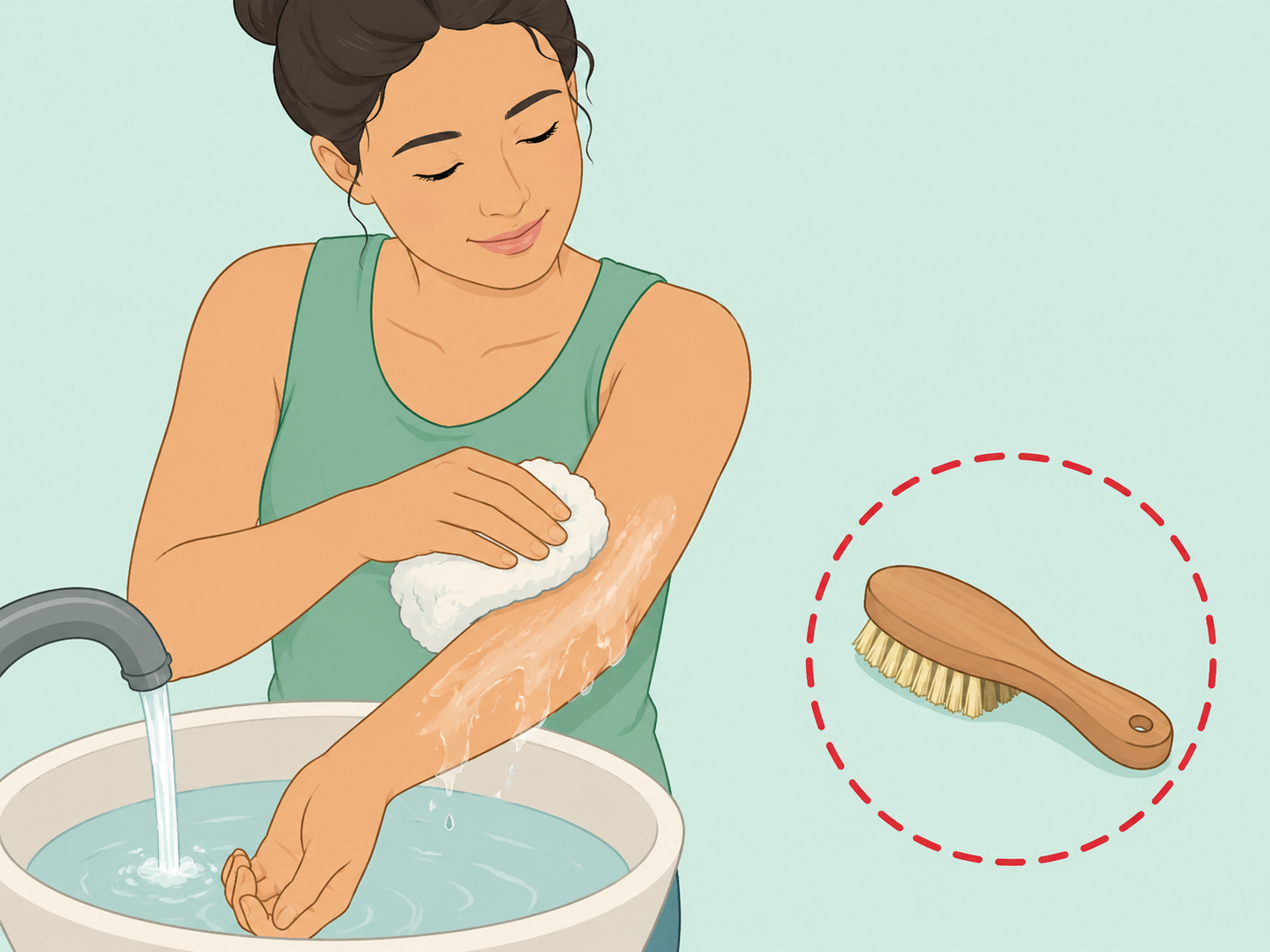 Person using gentle warm water on an arm and avoiding harsh scrubbing.