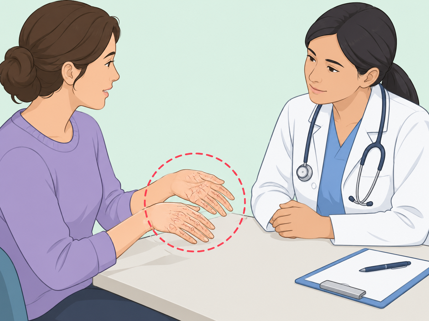 Person showing severely dry cracked hands to a healthcare professional.
