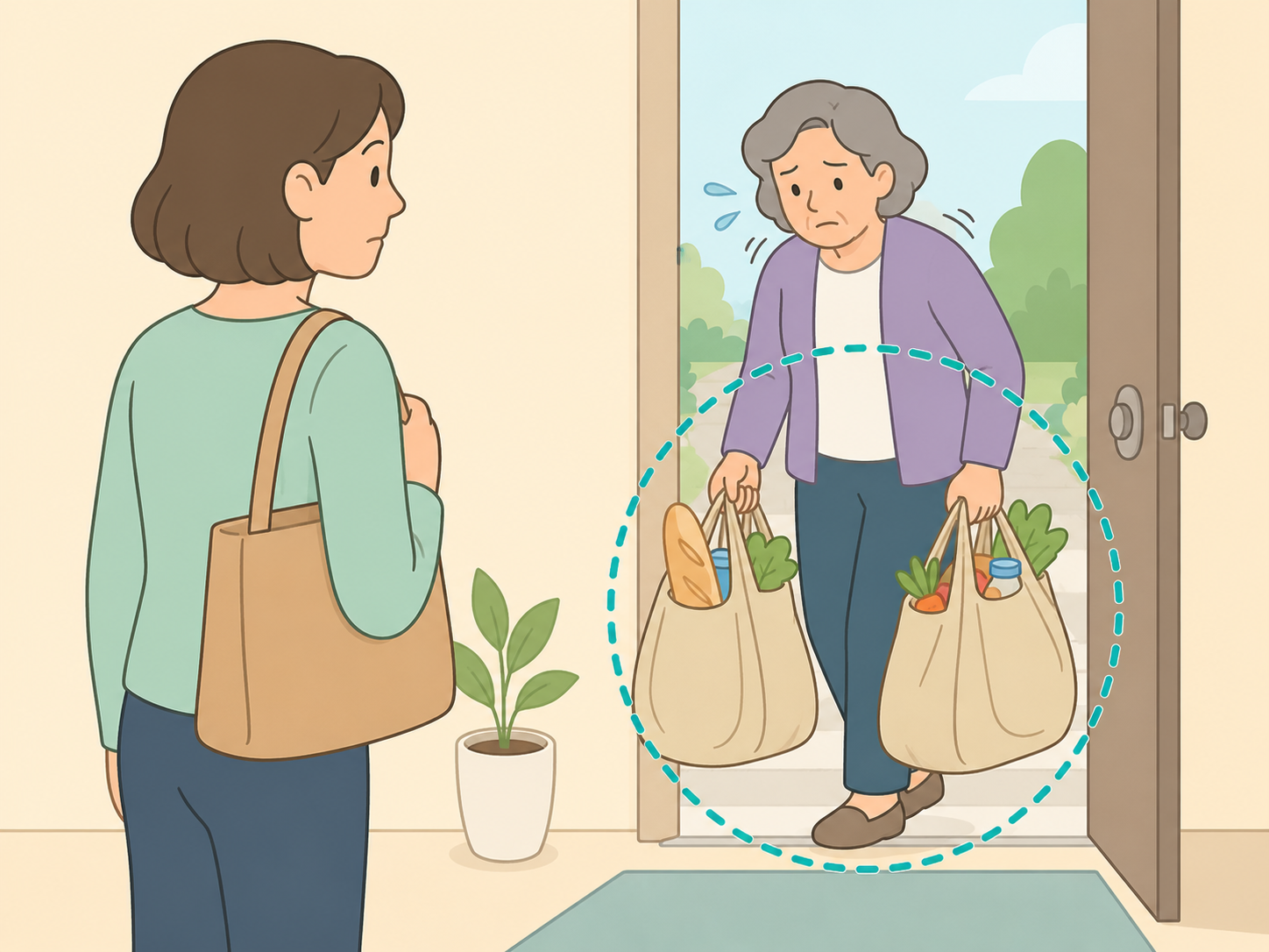 A person noticing someone who could use help with heavy bags.