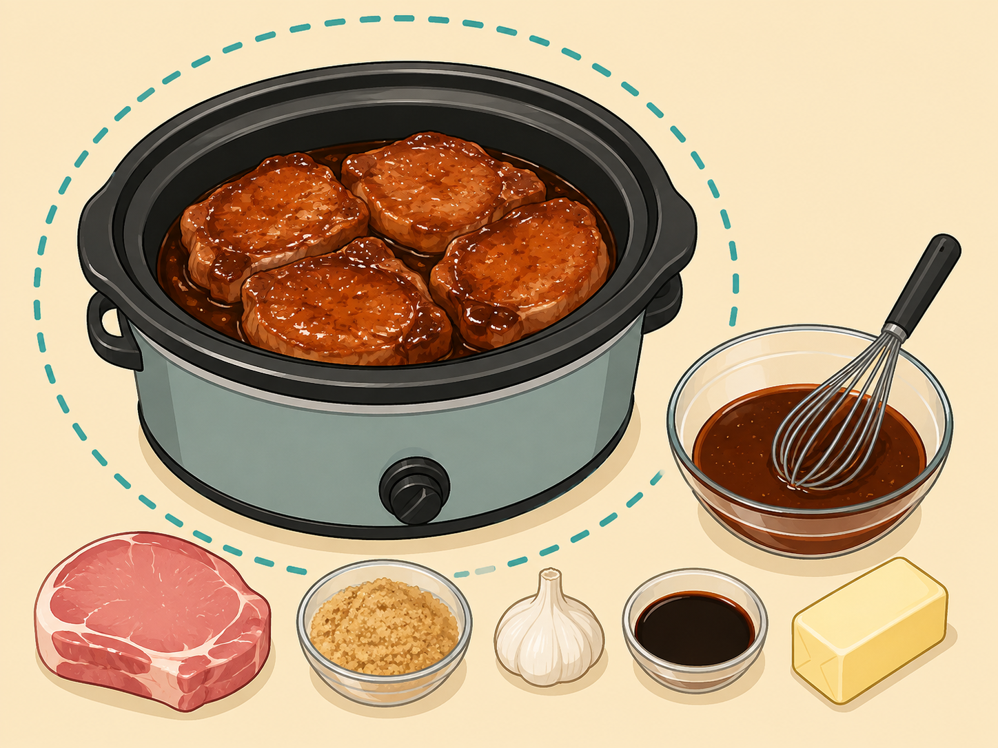 Illustration of brown sugar pork chops cooking in a slow cooker with simple ingredients nearby.