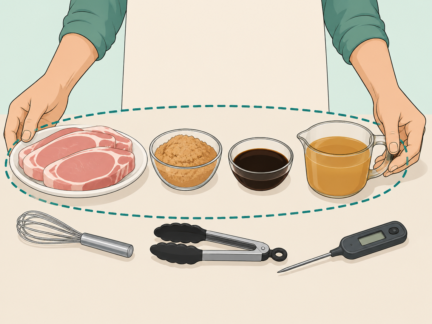 Four ingredients and cooking tools arranged on a clean counter.