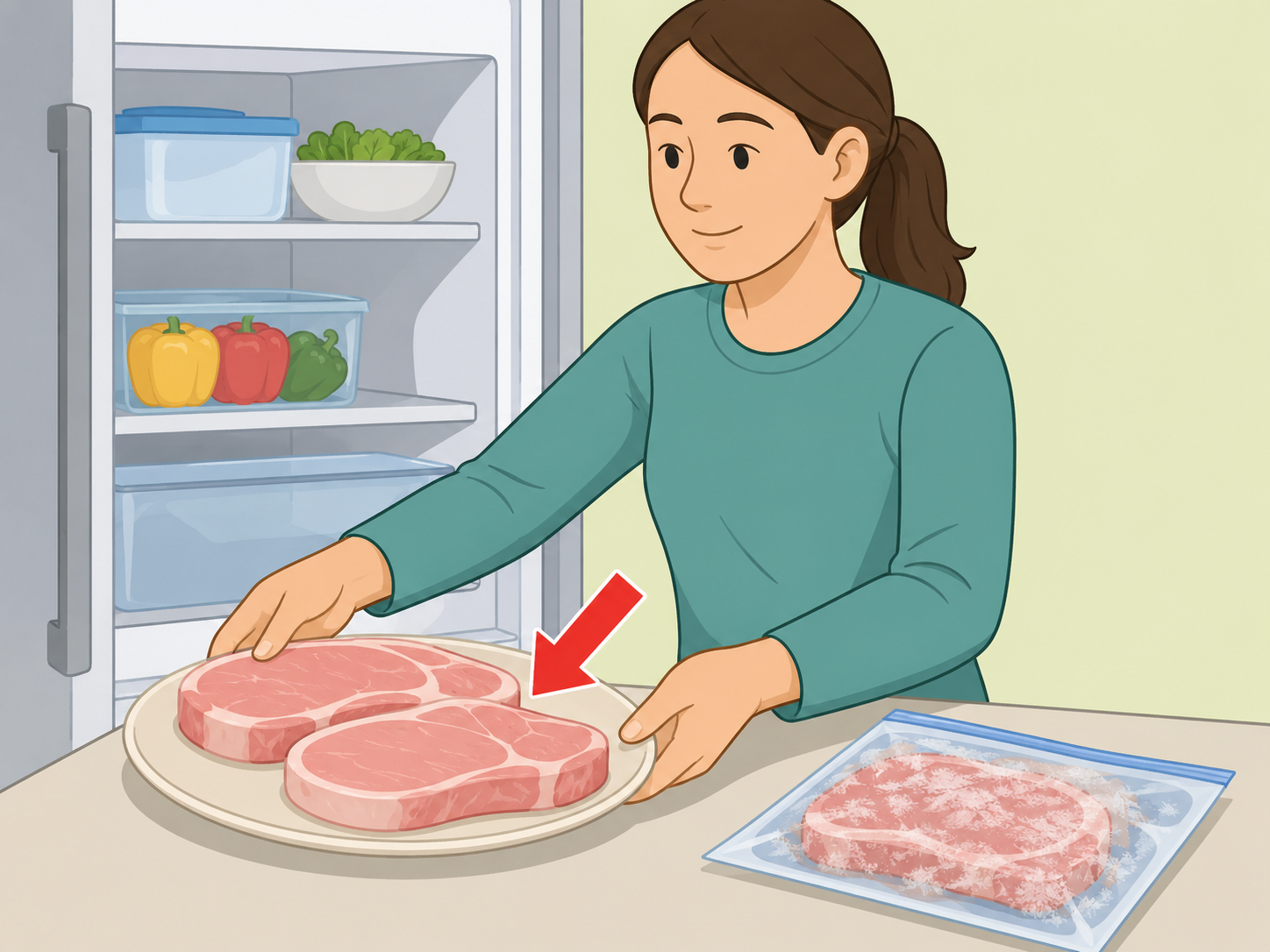 Thawed pork chops being taken from the refrigerator before slow cooking.