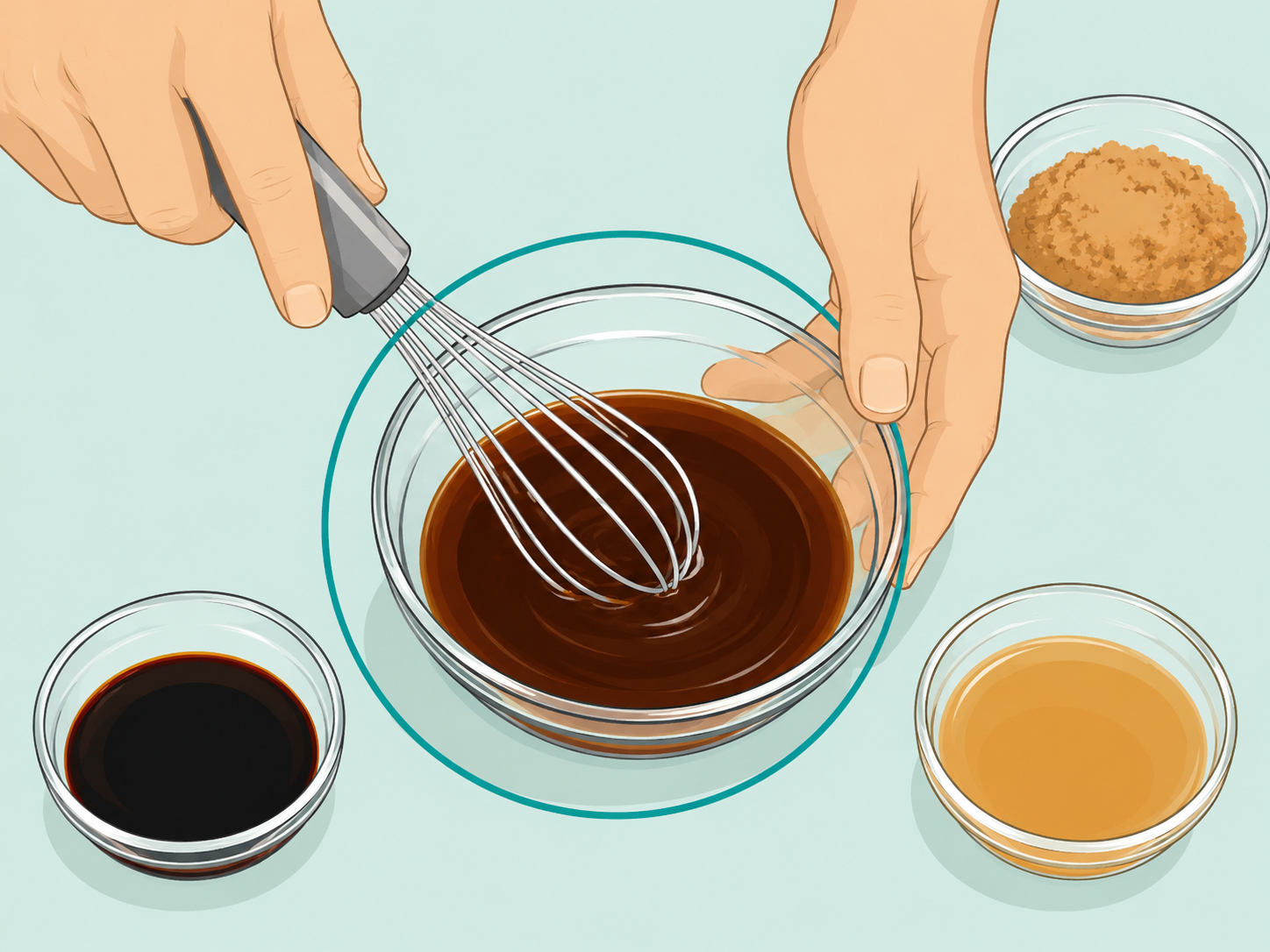 Hands whisking brown sugar sauce in a small bowl.