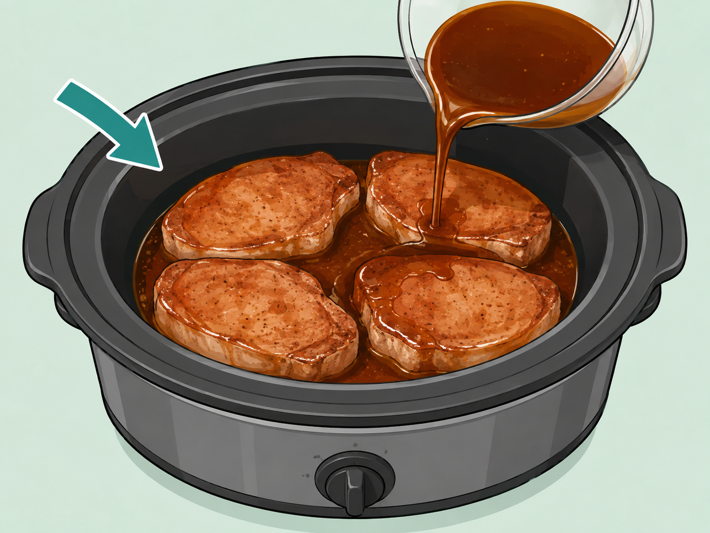 Pork chops placed in a slow cooker with sauce poured over them.