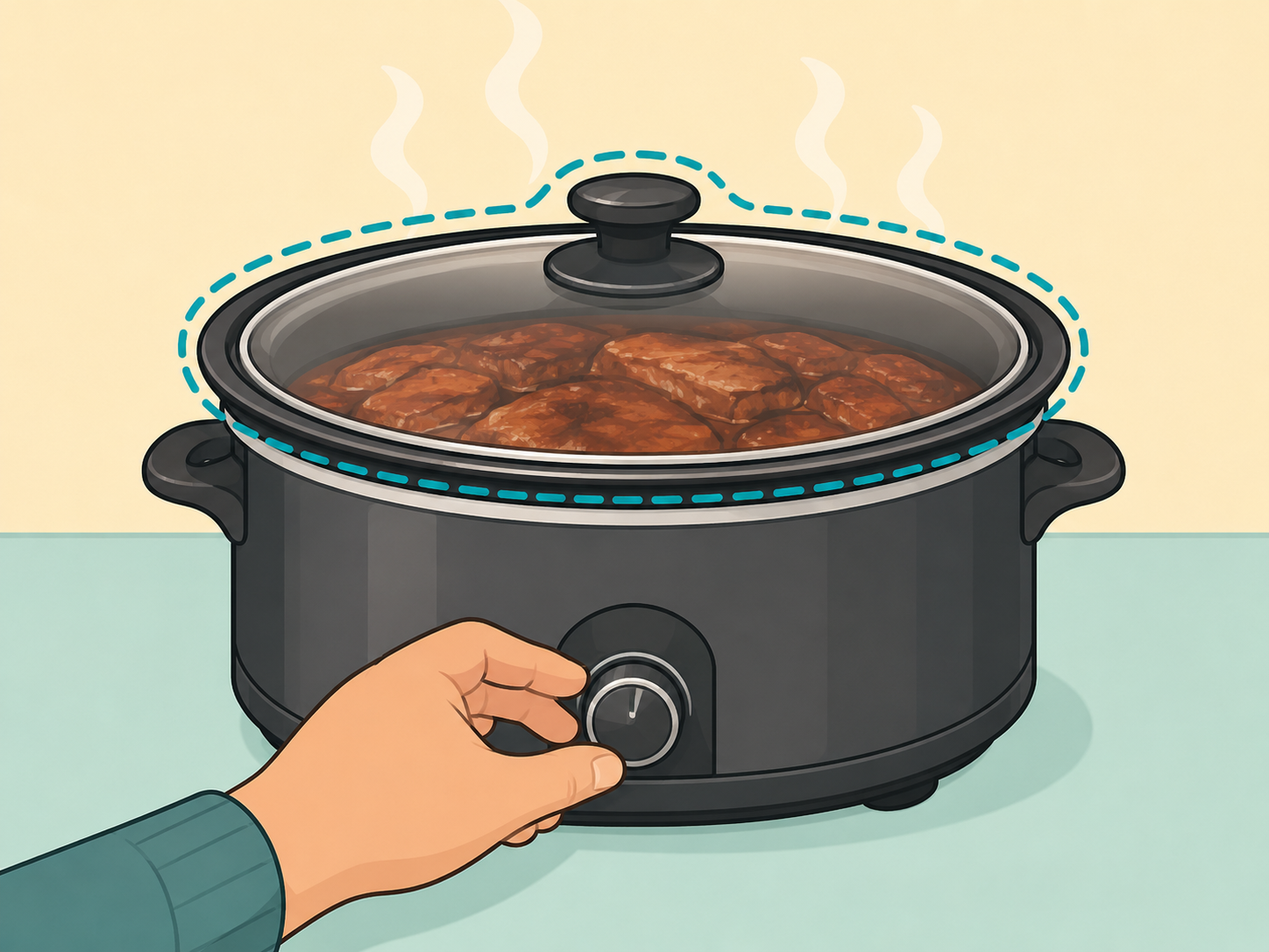 Slow cooker pork chops cooking with the lid kept closed.