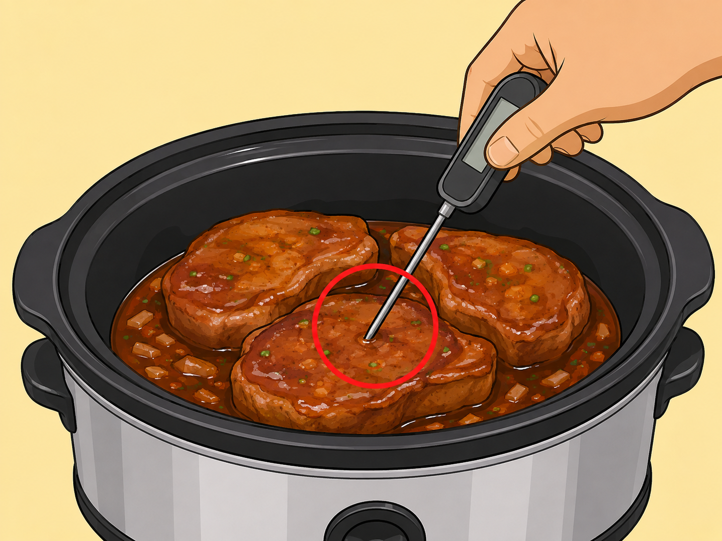 Food thermometer checking the thickest part of a pork chop.