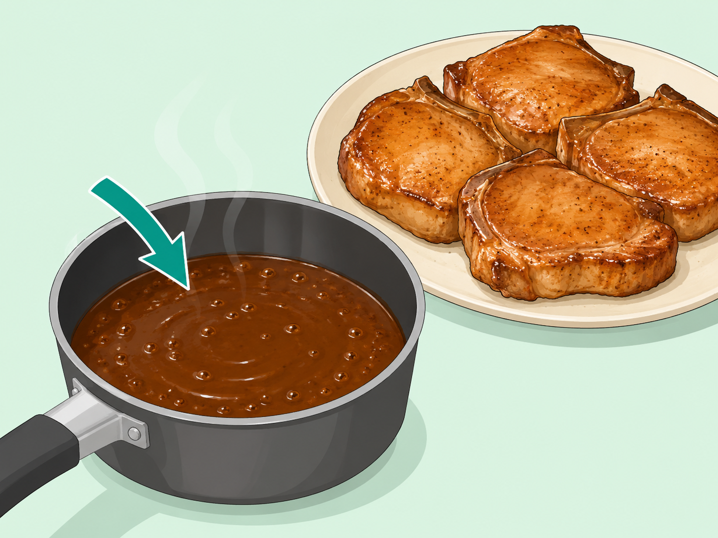Brown sugar sauce simmering into a glaze beside resting pork chops.