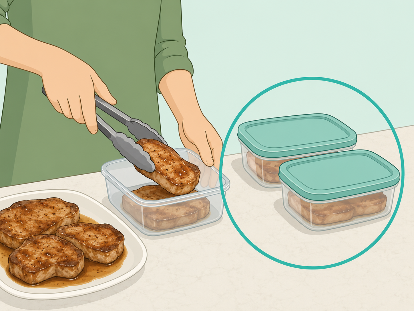 Leftover pork chops packed into shallow covered containers.