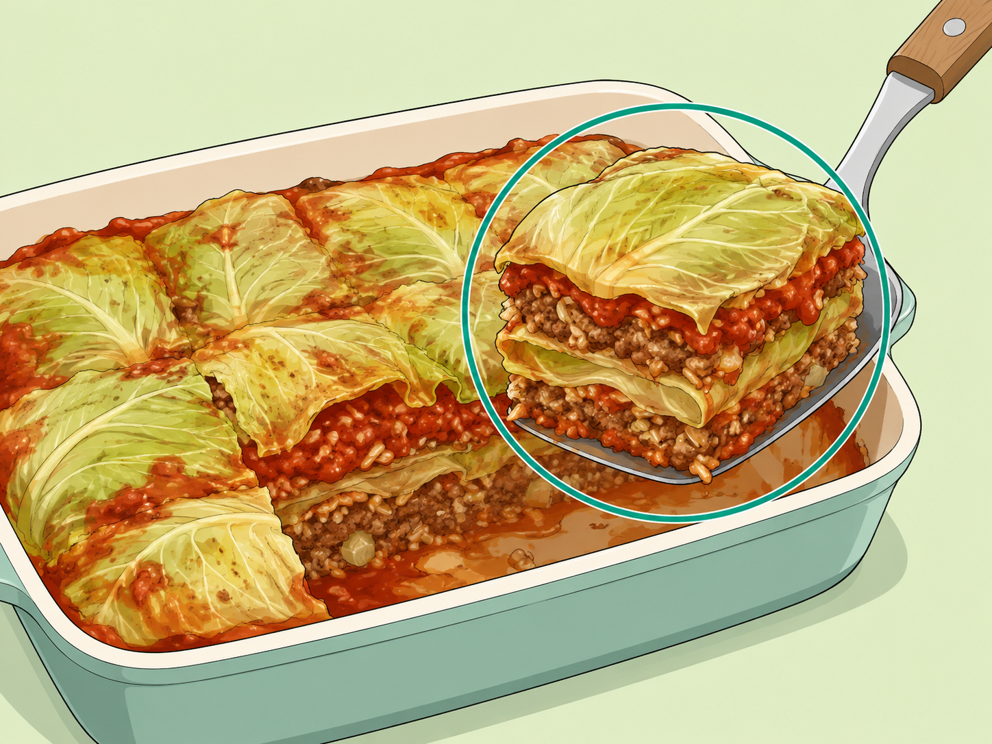 Illustration of a baked stuffed cabbage casserole with a spoon lifting a layered serving.