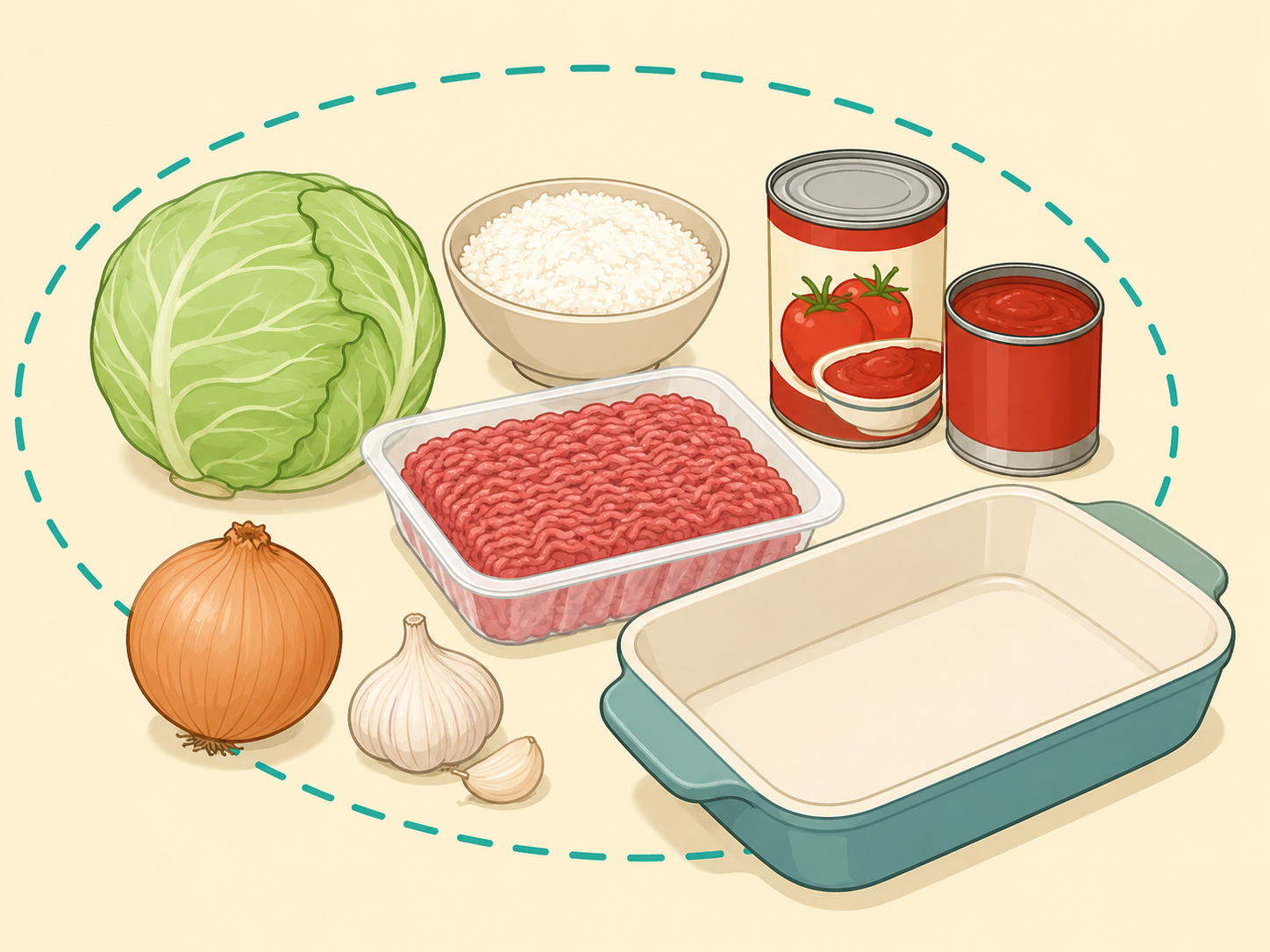 Ingredients for stuffed cabbage casserole gathered beside a baking dish.