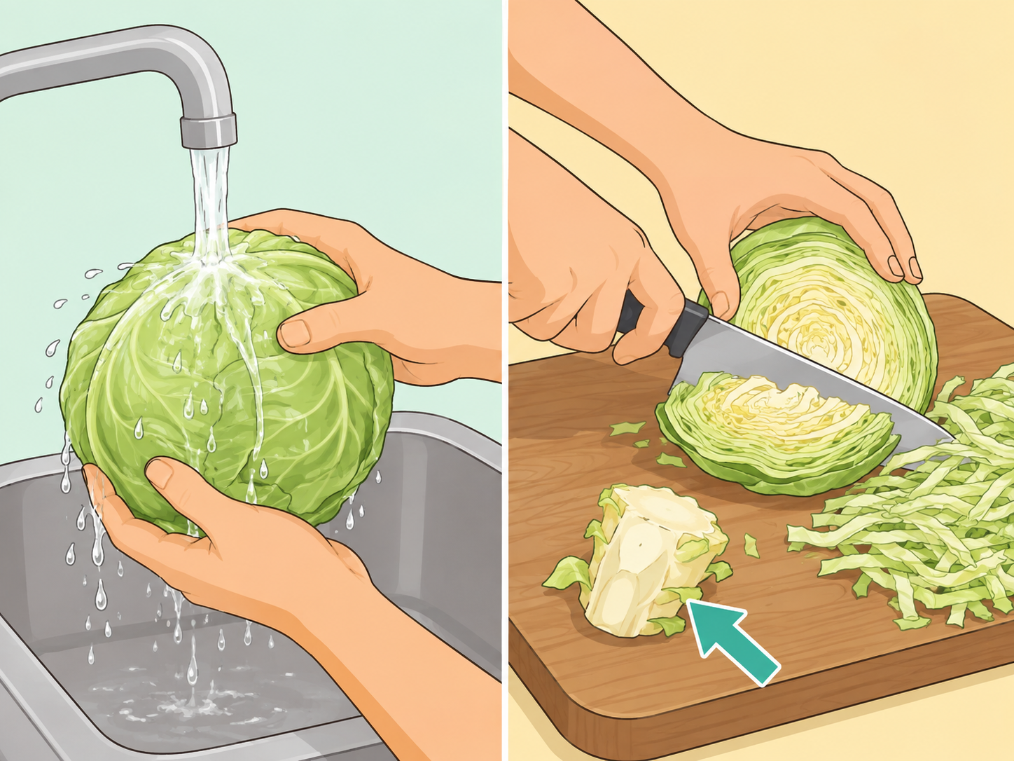 Hands rinsing and chopping cabbage for casserole.