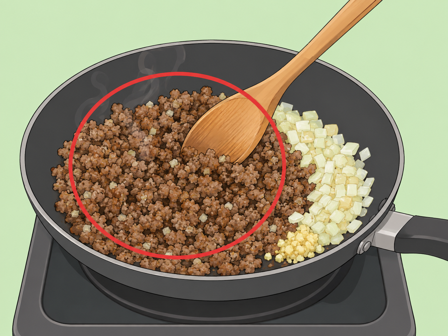 Ground meat browning with onion and garlic in a skillet.