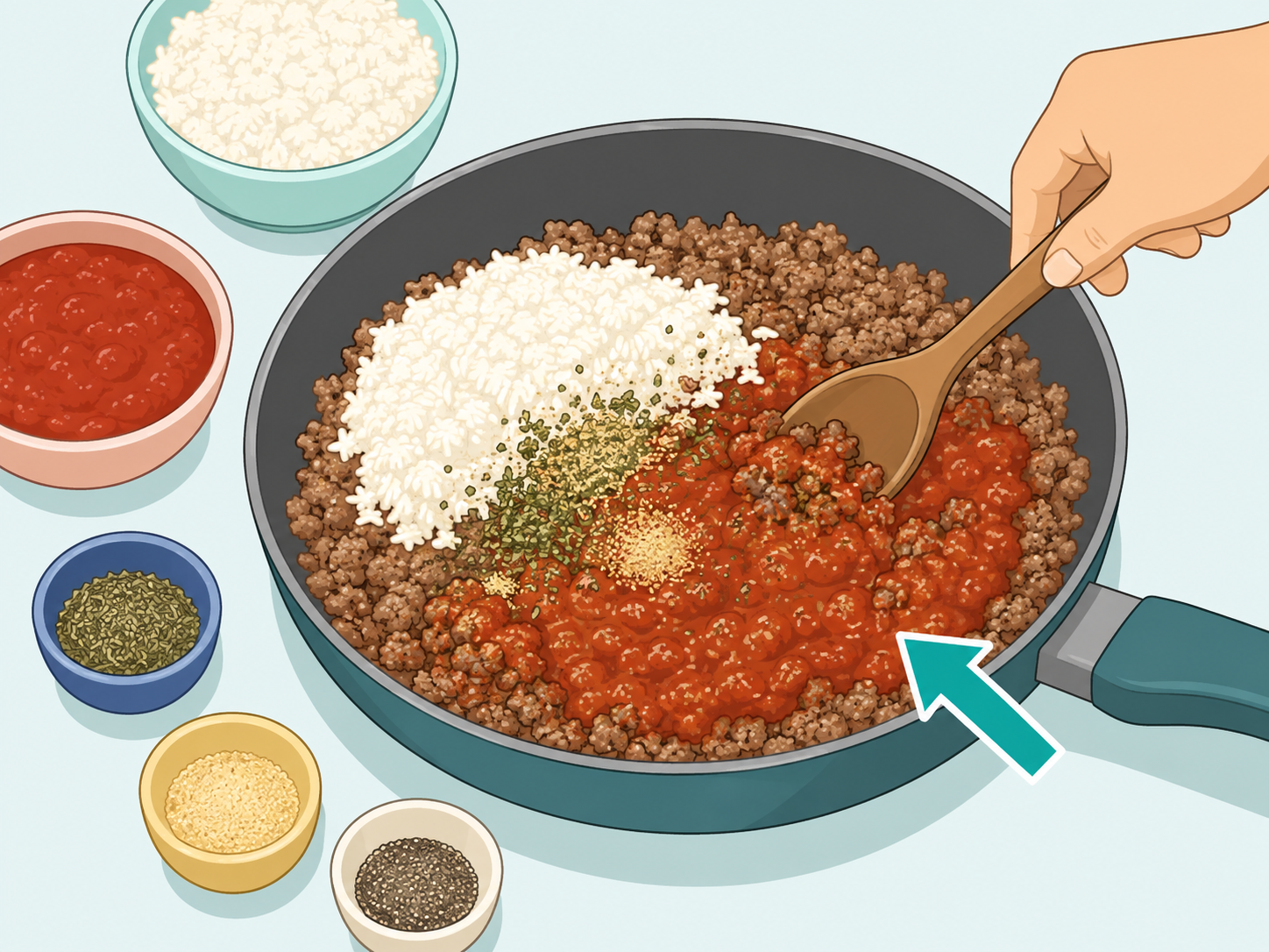 Tomato sauce and rice being mixed into browned meat.