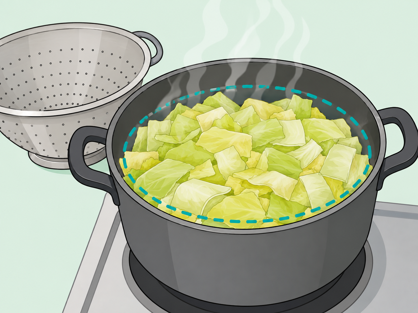 Chopped cabbage being softened briefly before baking.