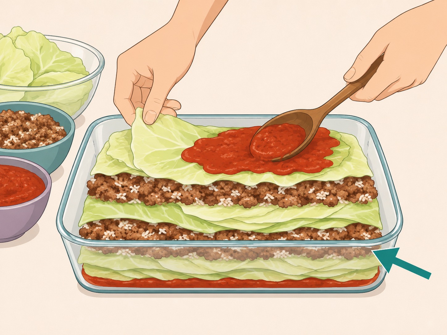 Cabbage, rice filling, and tomato sauce layered in a baking dish.
