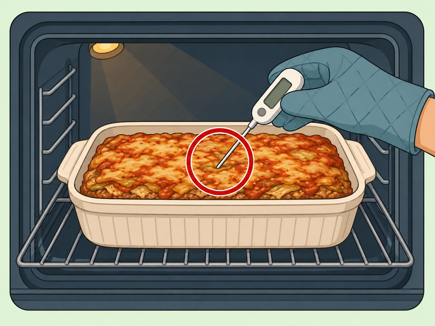 A food thermometer checking the center of a baked cabbage casserole.