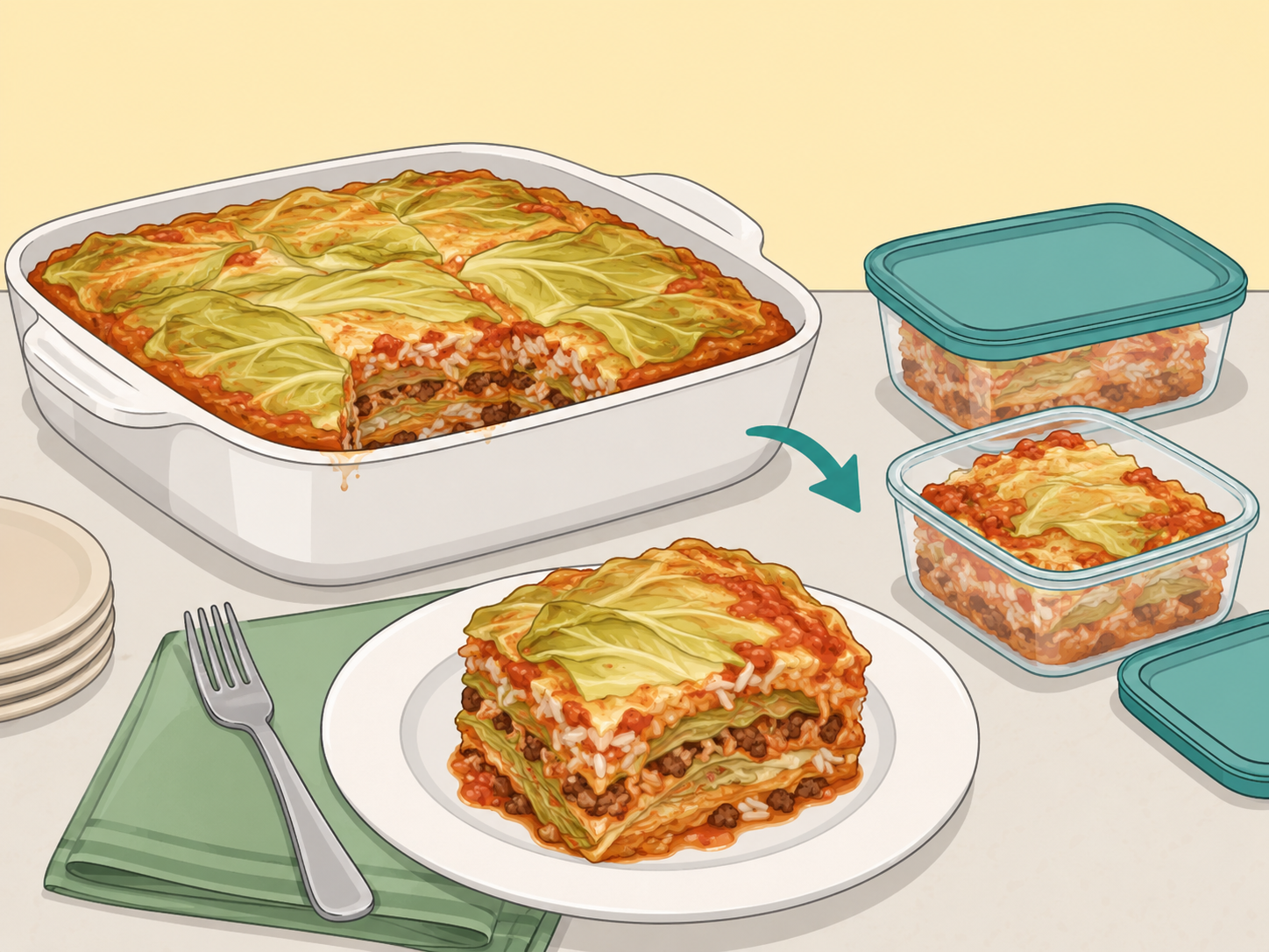 Stuffed cabbage casserole being served and packed into shallow leftover containers.