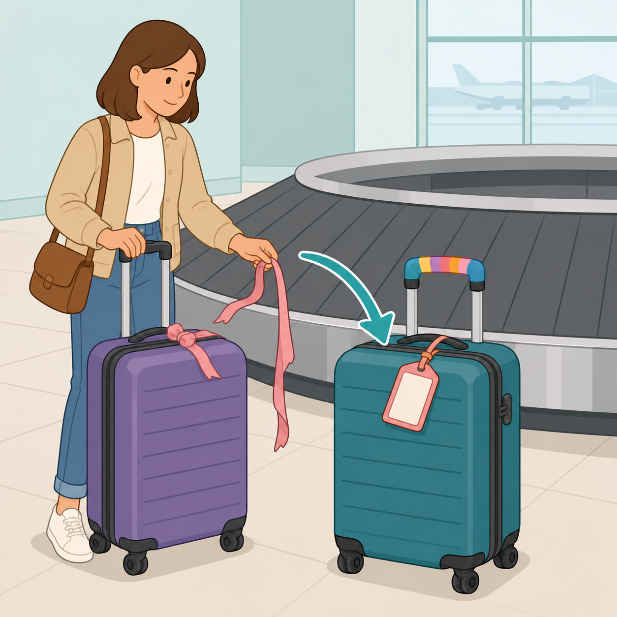 Illustration of a traveler choosing a flat luggage tag instead of a ribbon on a suitcase.