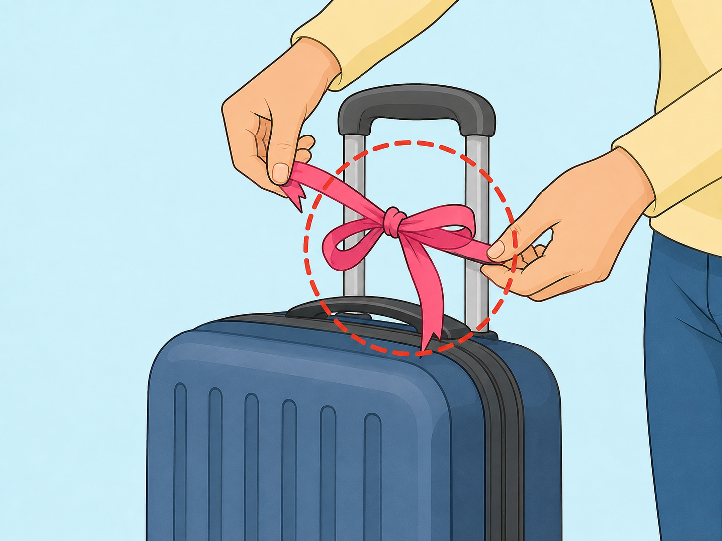 Hands removing a loose ribbon from a suitcase handle.