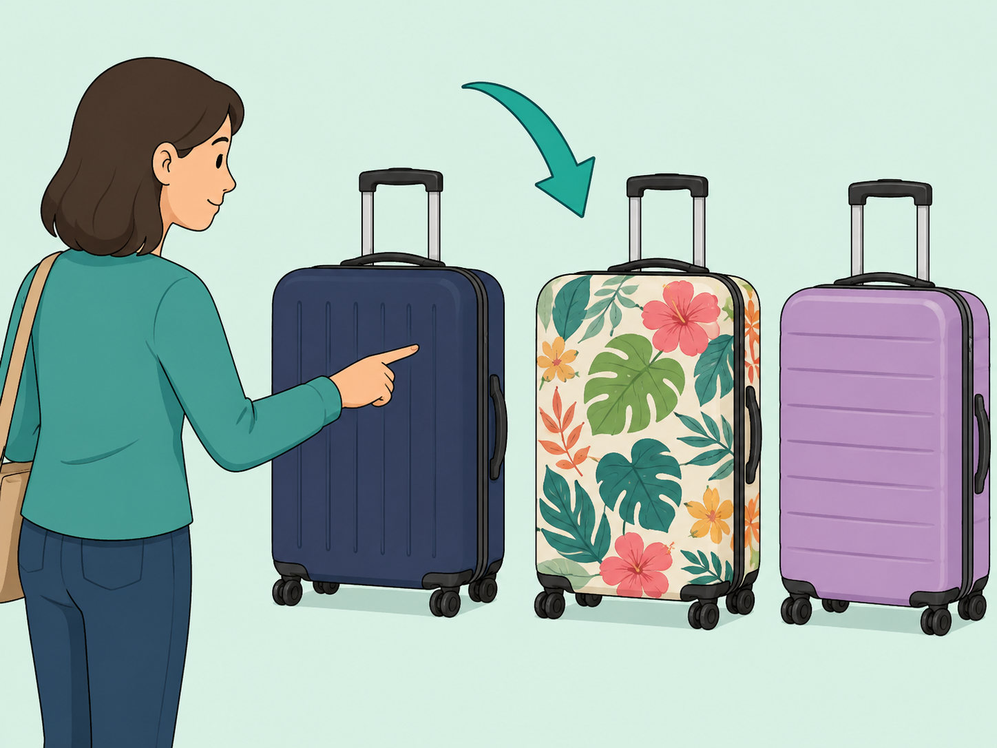 A traveler choosing a distinctive patterned suitcase.