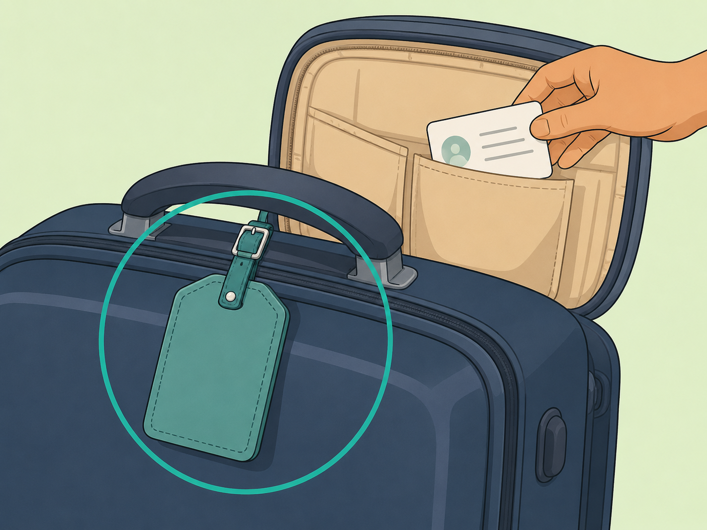 A secure luggage tag outside a suitcase with a contact card inside.