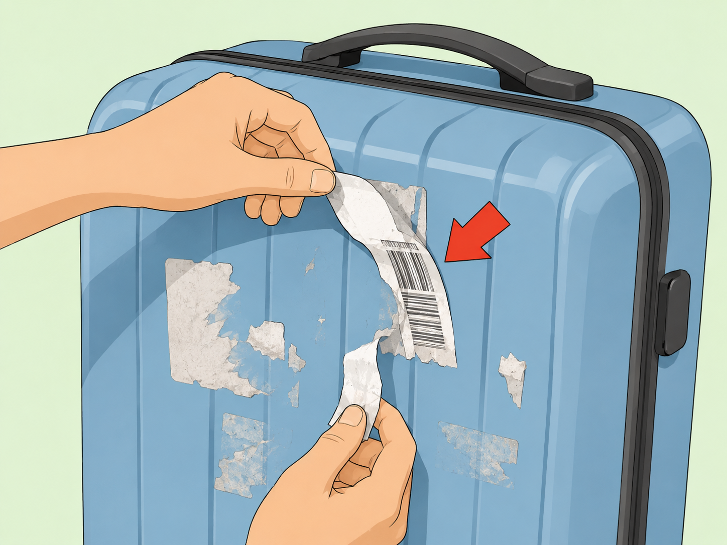 Hands removing old airline tags and stickers from luggage.