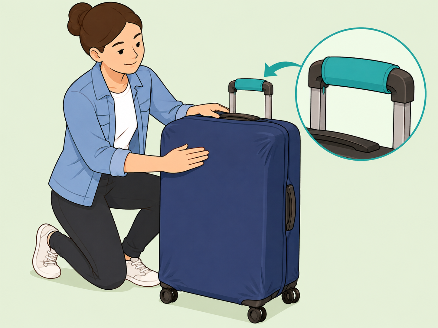 A traveler using a snug handle wrap instead of a dangling ribbon.