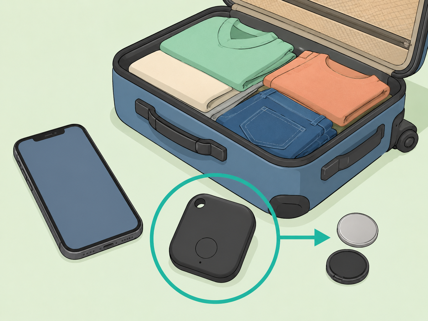 A traveler checking a luggage tracker before packing it.