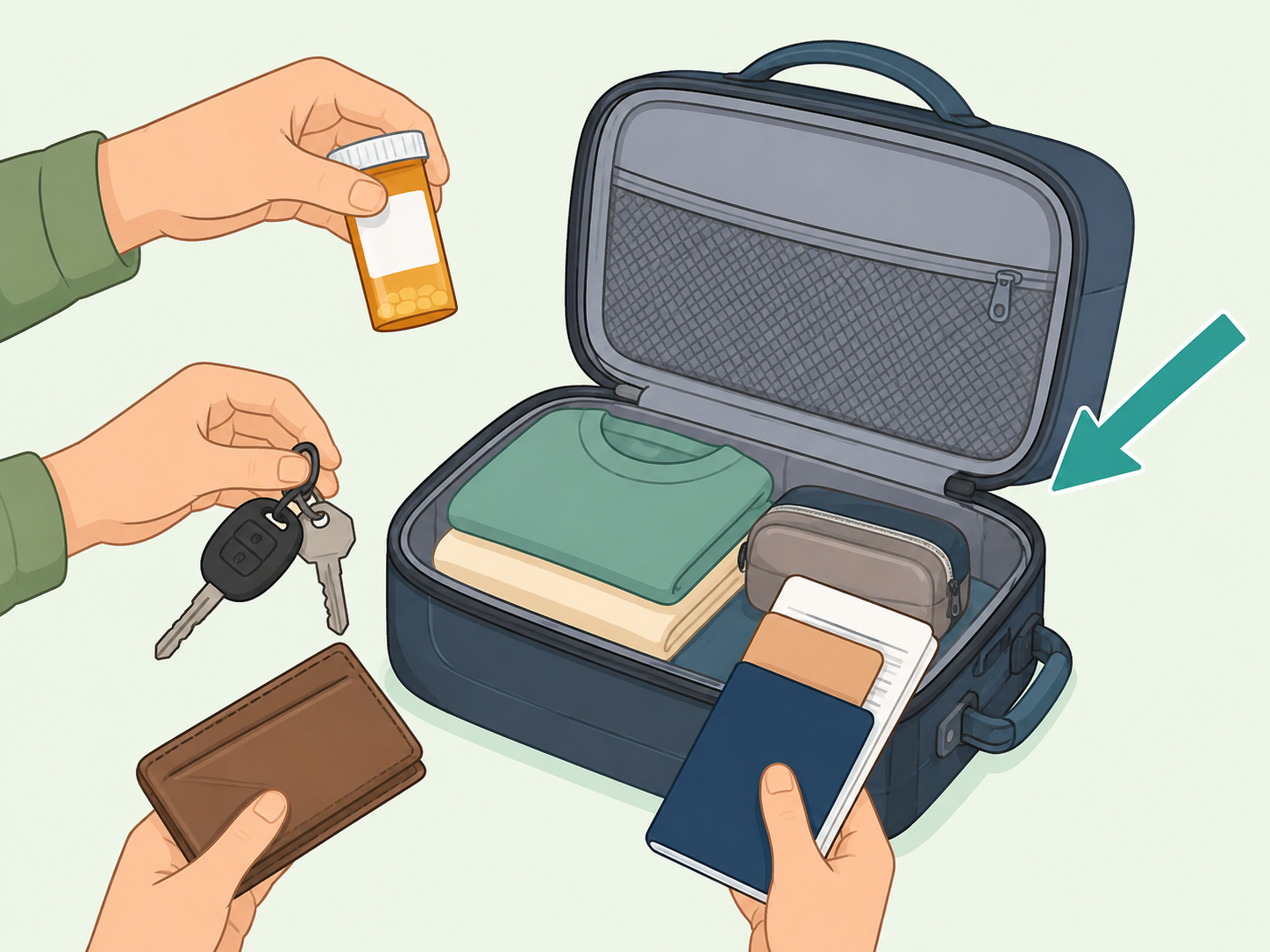 Essentials being packed in a carry-on bag.