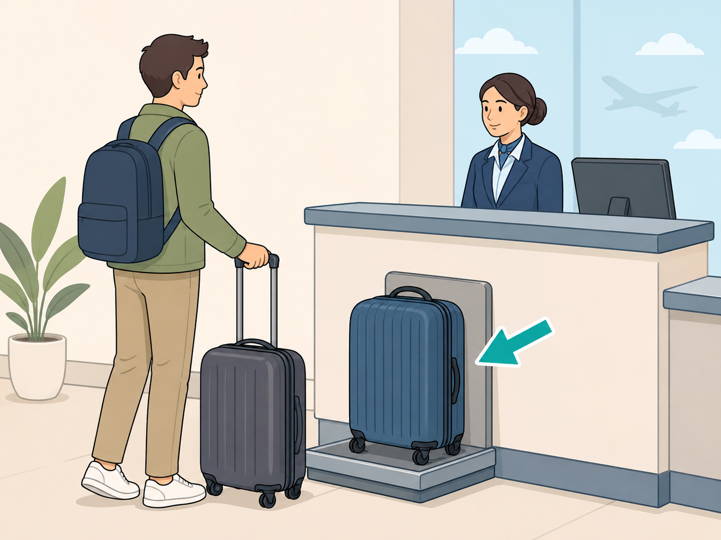A traveler checking a suitcase with enough time before a flight.