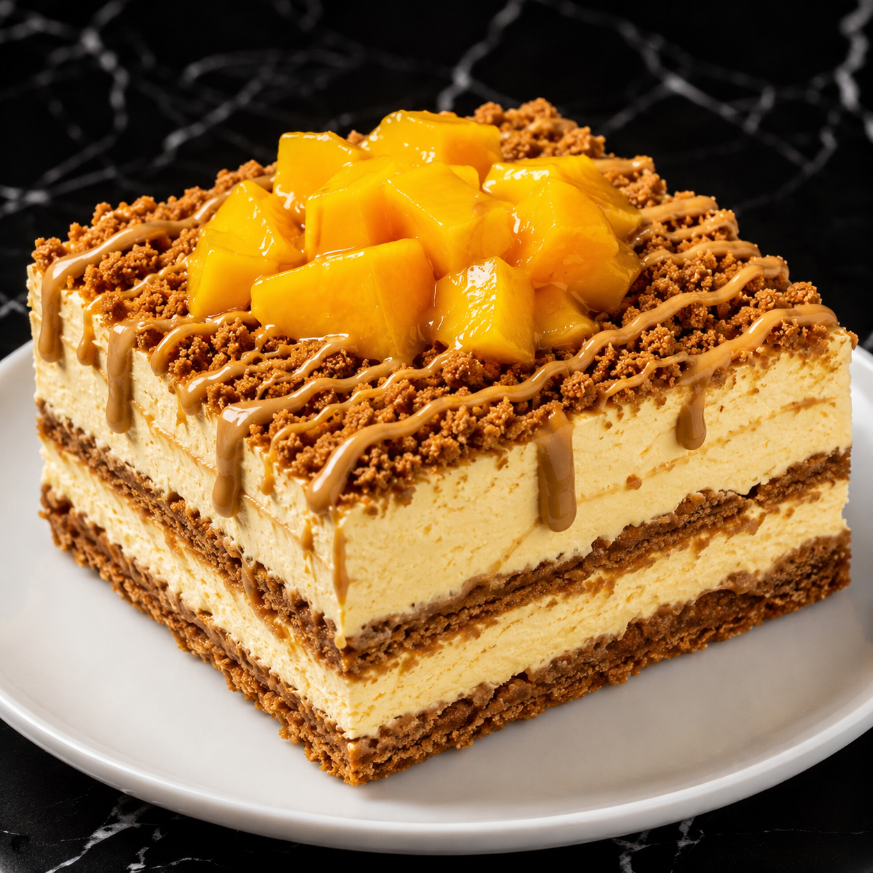 Mango Biscoff layered cheesecake slice with diced mango and cookie crumbs