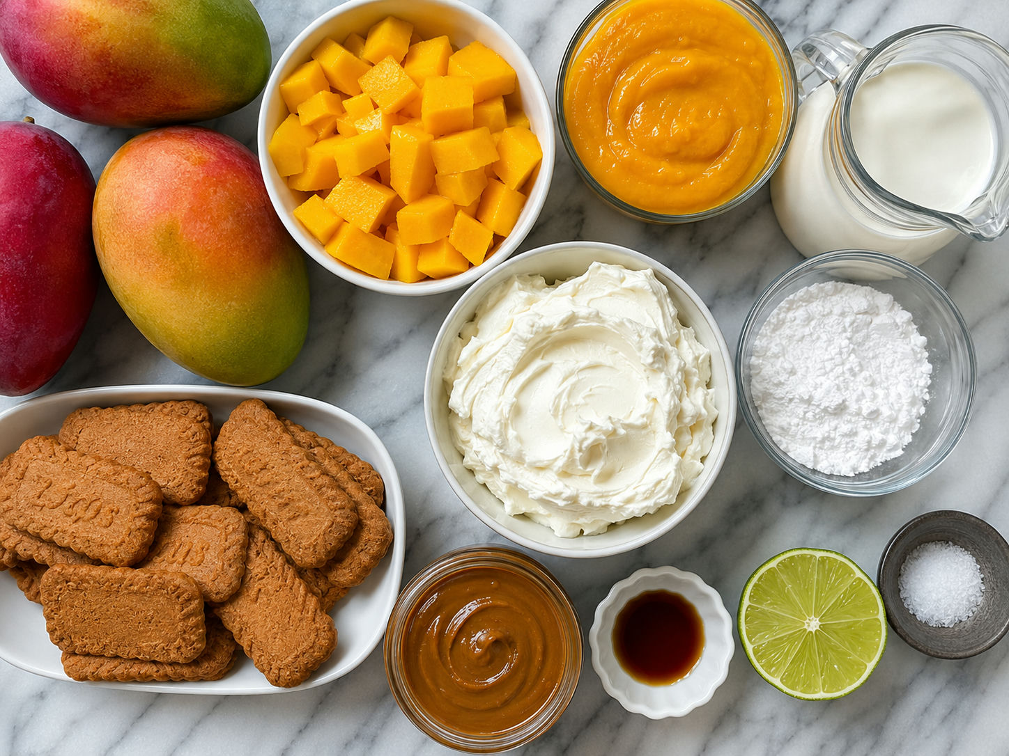 Ingredients for mango Biscoff layered cheesecake on a pale wood surface