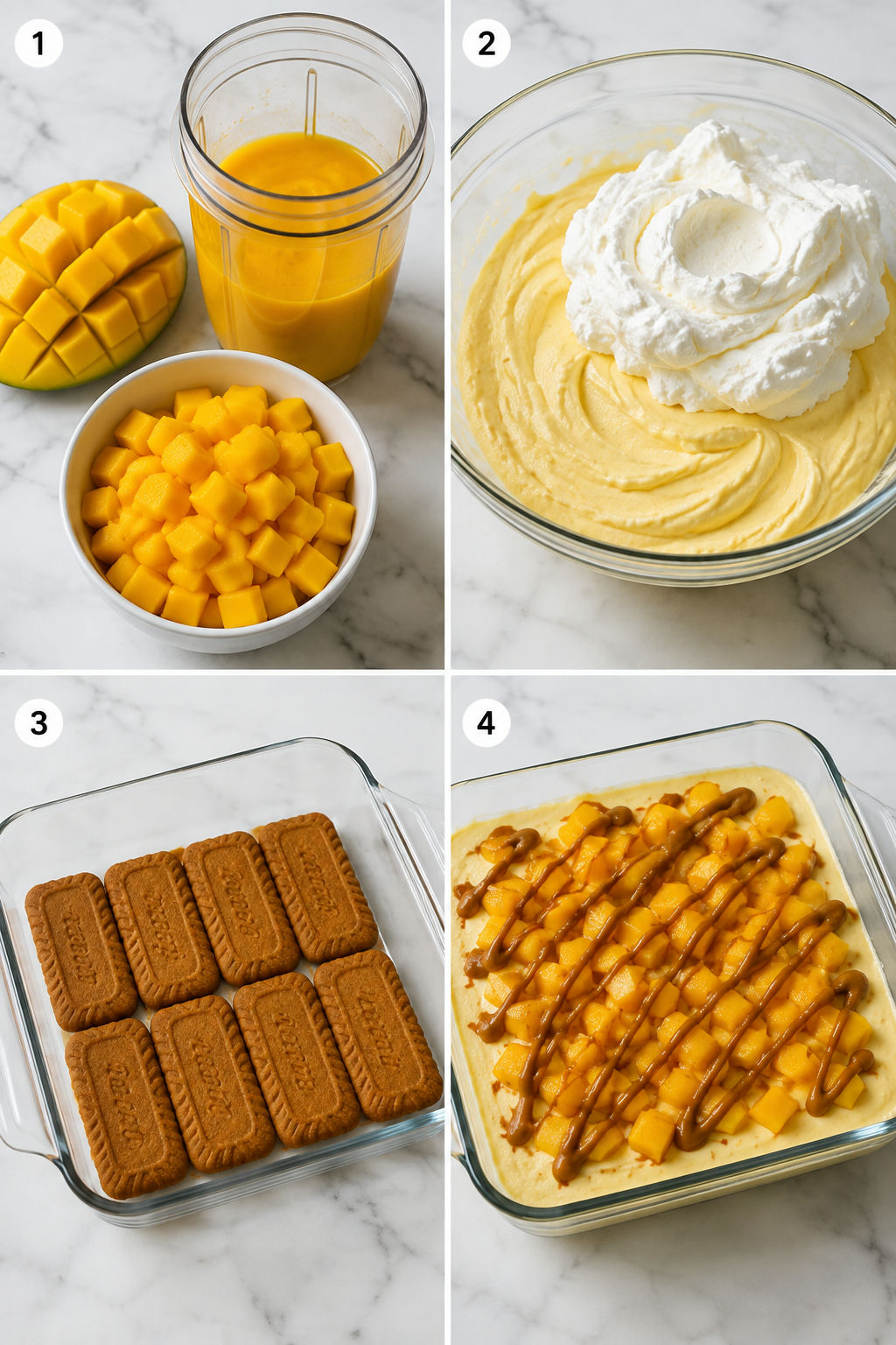 Four steps for layering mango cheesecake cream with Biscoff cookies