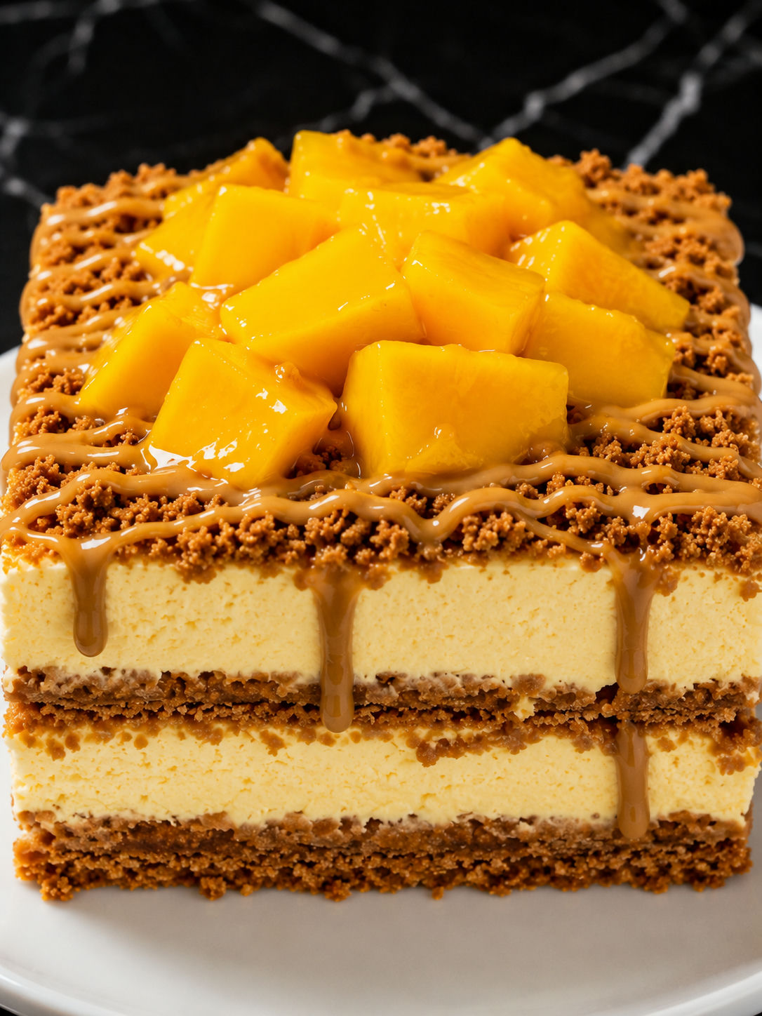 Mango Biscoff layered cheesecake slice with golden mango topping