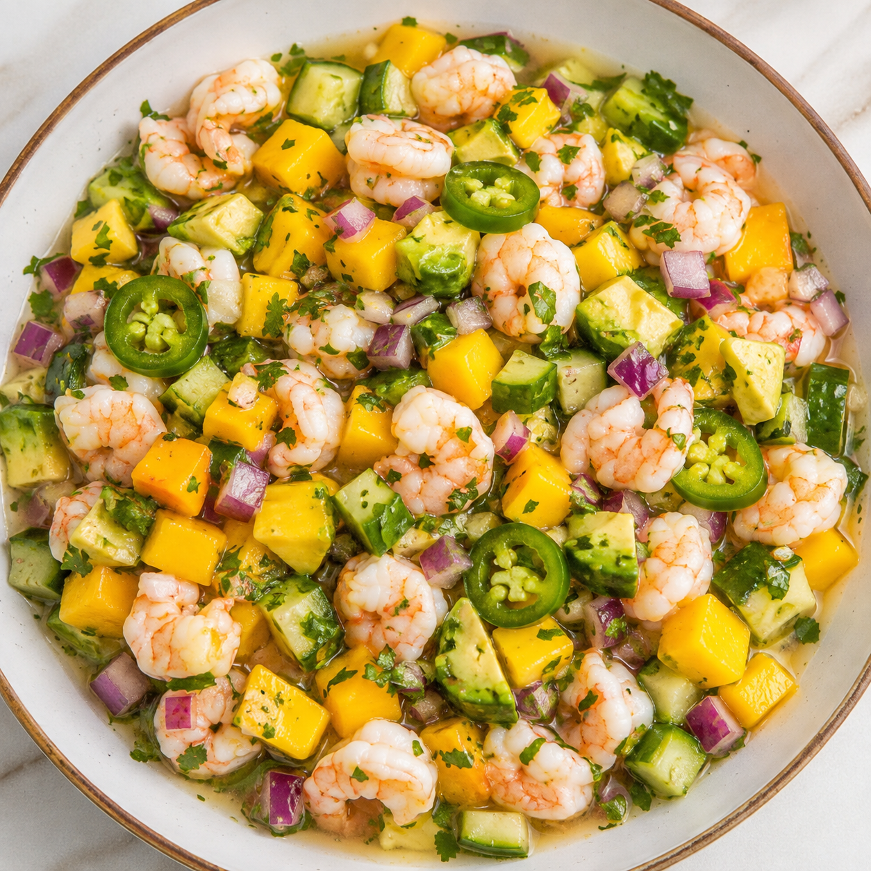 Mango shrimp ceviche with avocado, cilantro, lime, and tortilla chips