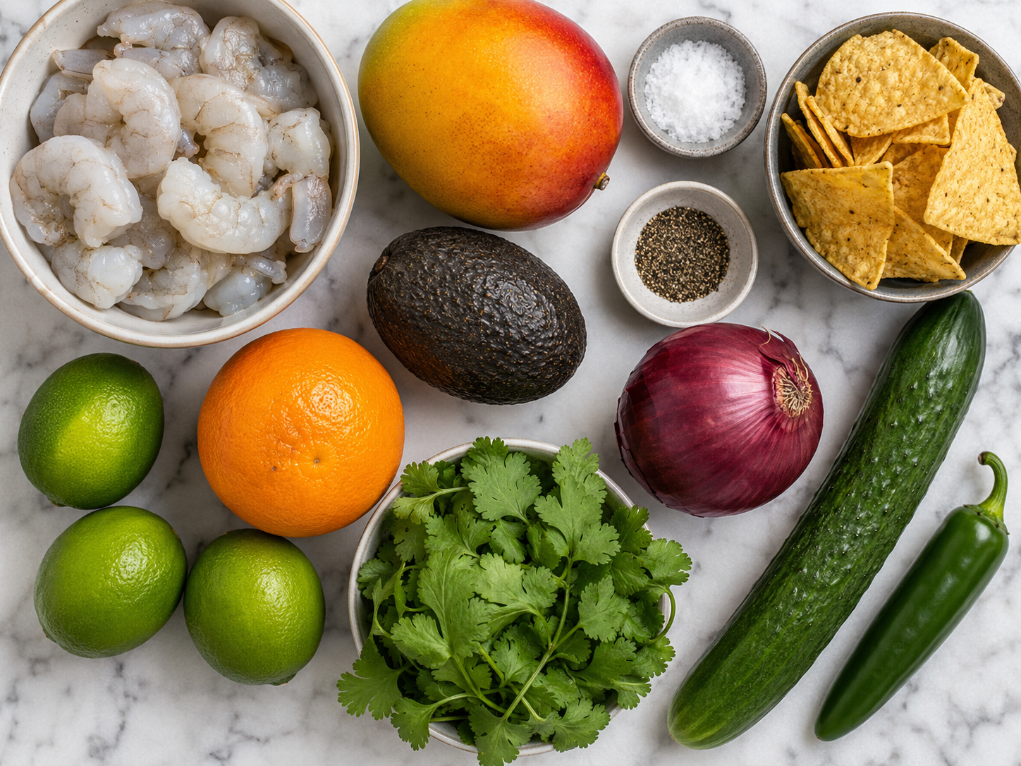 Ingredients for mango shrimp ceviche with shrimp, mango, avocado, lime, and cilantro