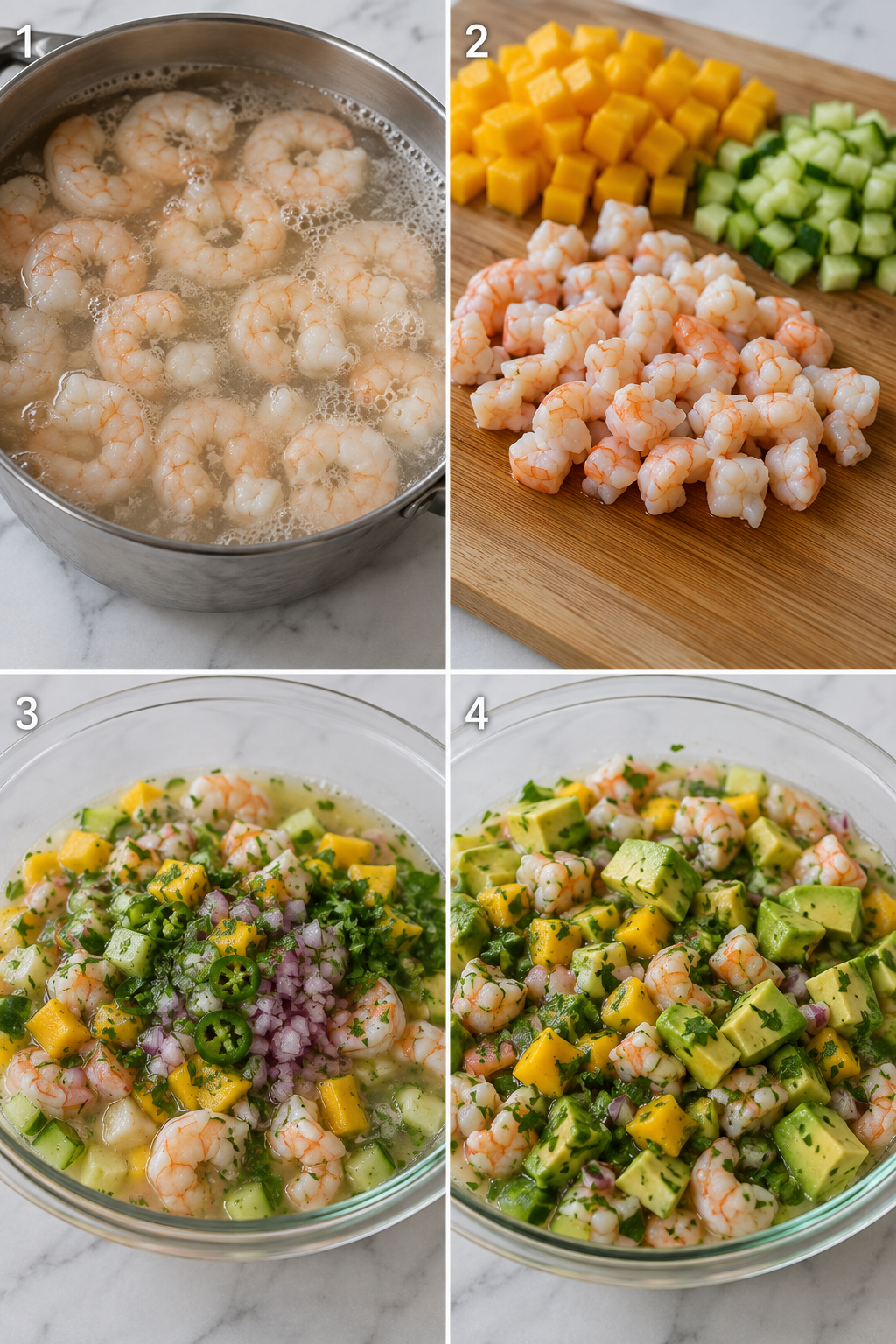 Four steps for making mango shrimp ceviche with lime and avocado