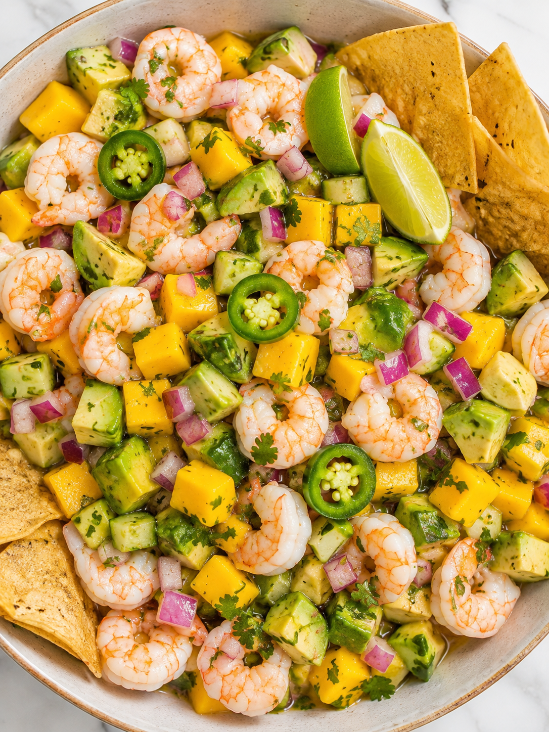 Mango shrimp ceviche bowl with avocado, lime, cilantro, and tortilla chips