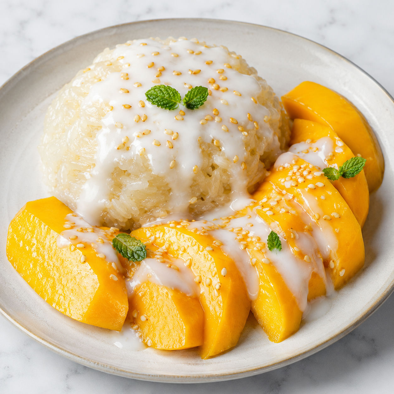 Mango sticky rice with coconut drizzle, sesame seeds, and ripe mango