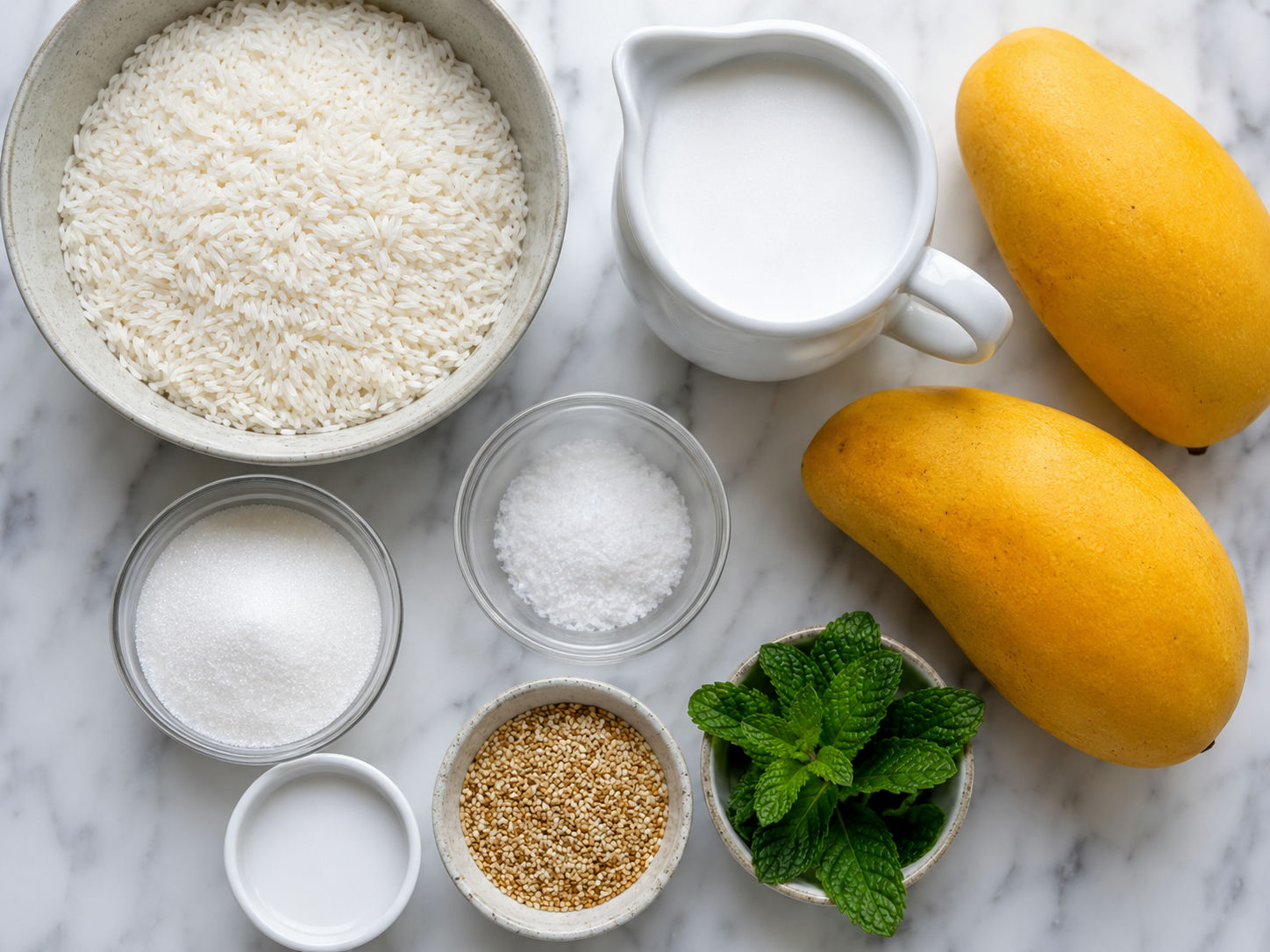 Ingredients for mango sticky rice with mangoes, coconut milk, and rice